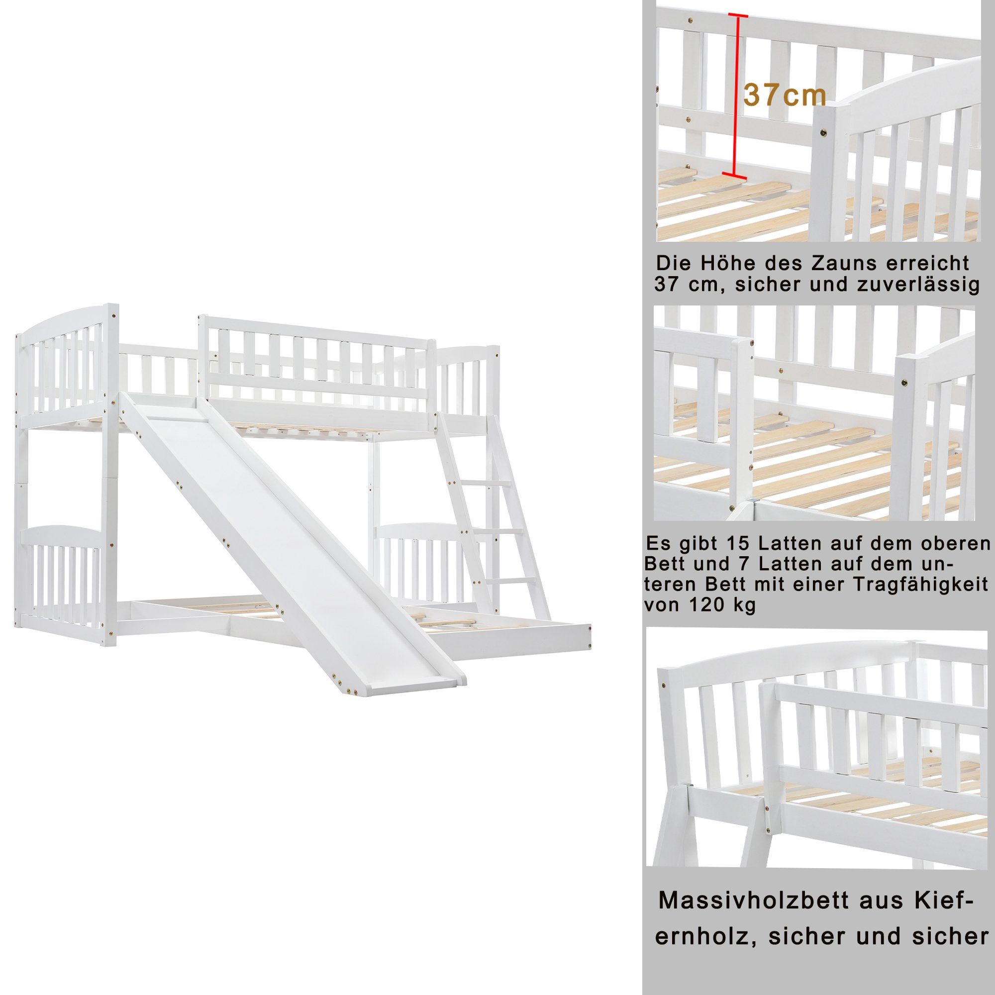 Ulife Etagenbett Kinderbett Hochbett Kiefernholzbett cm Weiß mit mit 200 x Rutsche, 90 Lattenrost