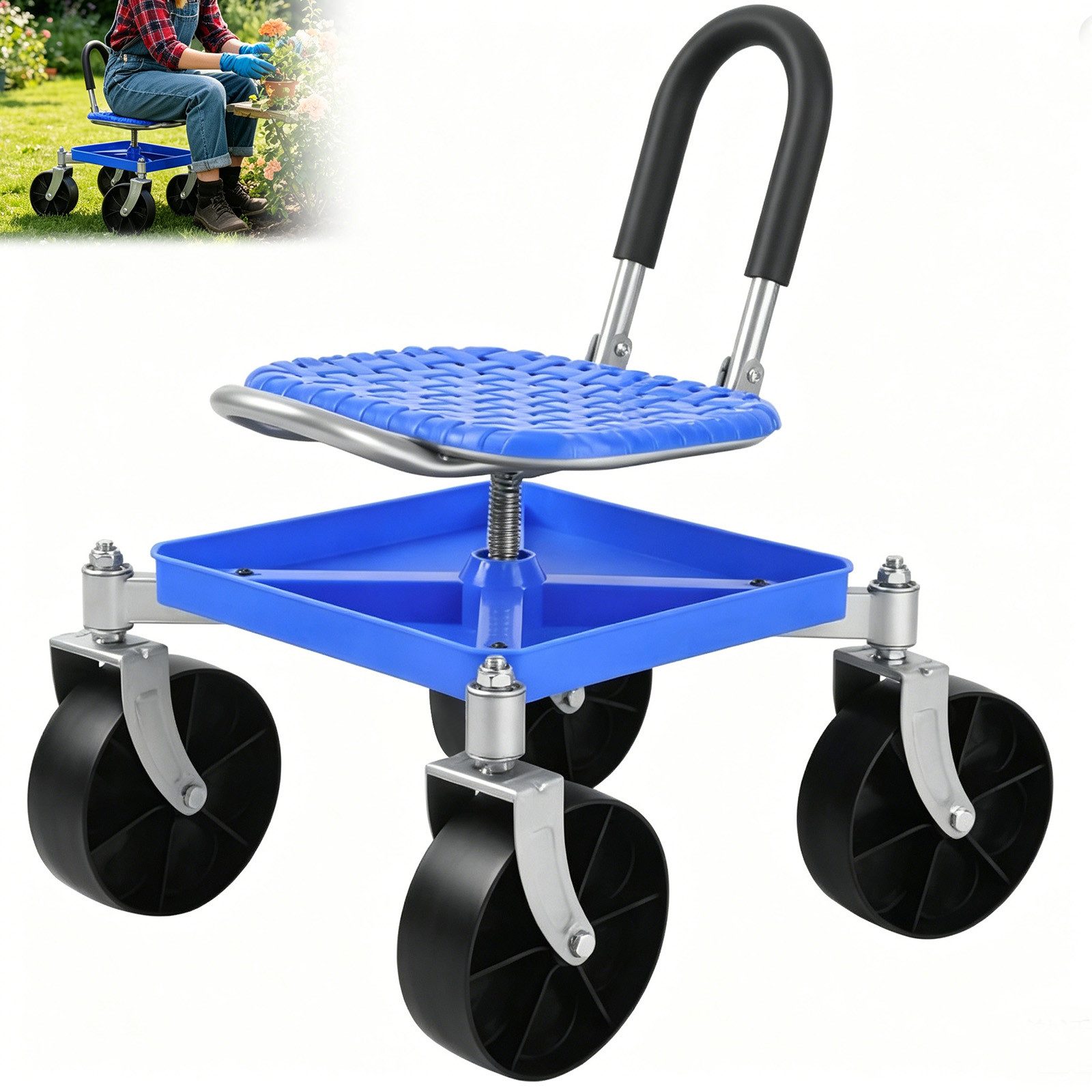 JOYOLEDER Schubkarre Rollender Gartenwagen, höhenverstellbarer Gartenhocker auf Rollen, (Gartensitz mit Ablage, 360° drehbarer Gartenautositz, für Senioren und ältere Menschen, Blau)
