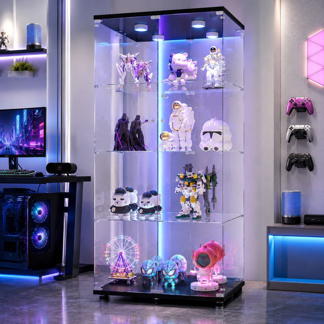 Simurq Glasvitrine glasvitrine,vitrinenschrank,vitrine mit LED,sammlervitrine (Packung, Sammlervitrine Schauvitrine mit türen und Schloss, Gehärtetes Glas) LED-Streifenbeleuchtung; Mit Schloss;Doppeltüren
