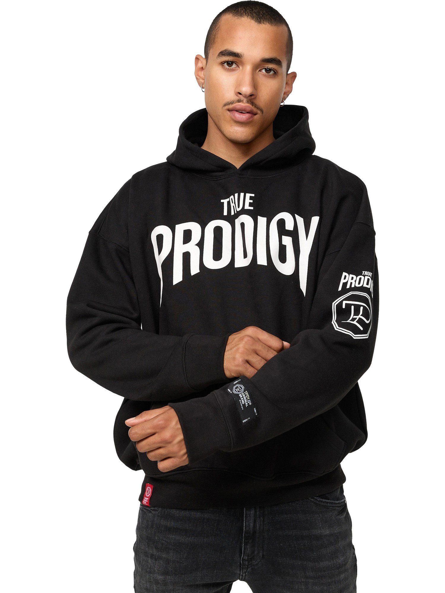 Kängurutasche Feith Kapuze Schwarz trueprodigy Hoodie Logoprint