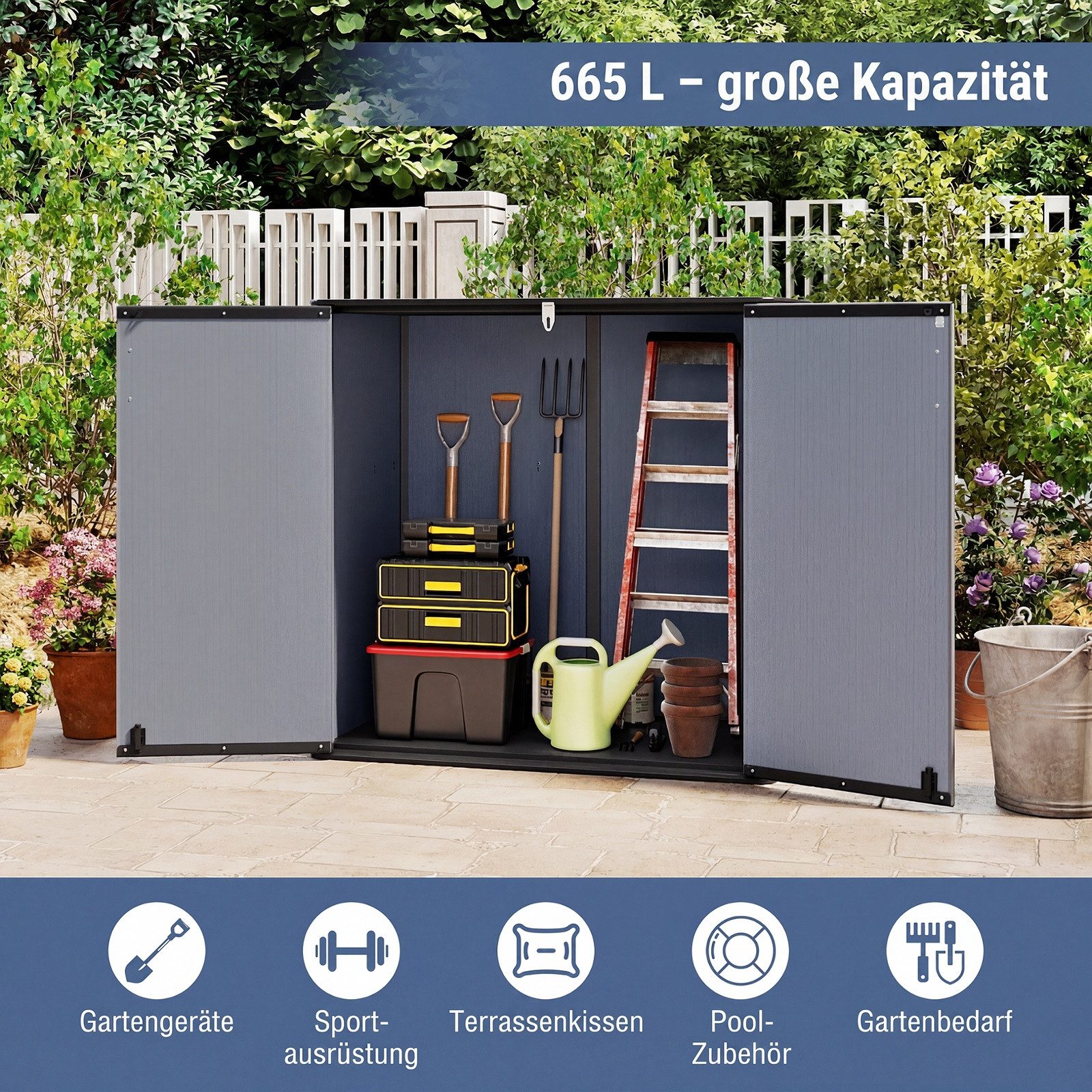 COSTWAY Garten-Geräteschrank, Gartenschrank mit abschließbarer Doppeltür
