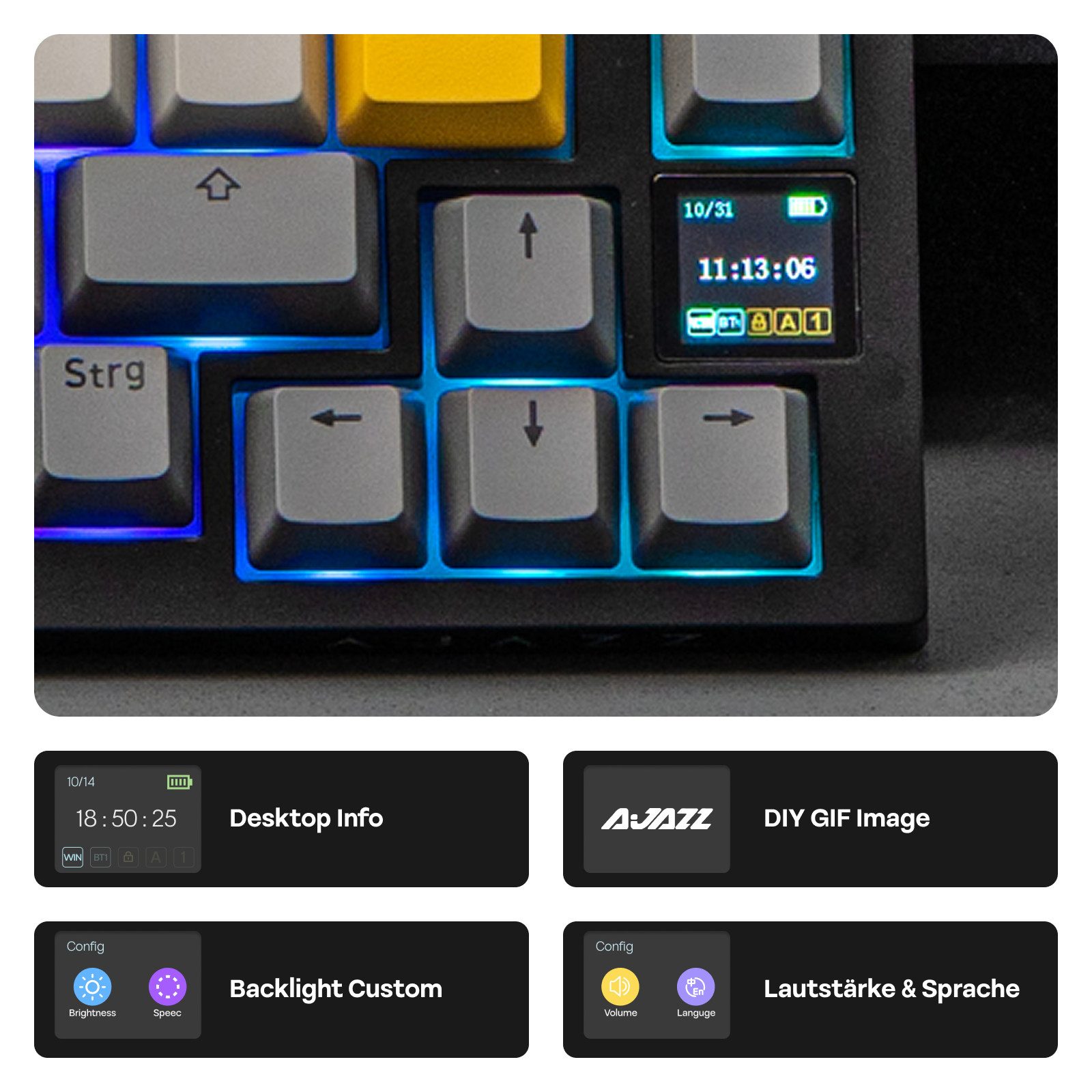AJAZZ ISO-DE Mechanische Tastatur Kabellos, RGB 75% Gaming Tastatur (BT/2,4 GHz/Kabel, TFT-Display, Creamy Gasket) – Bild 5 von 5