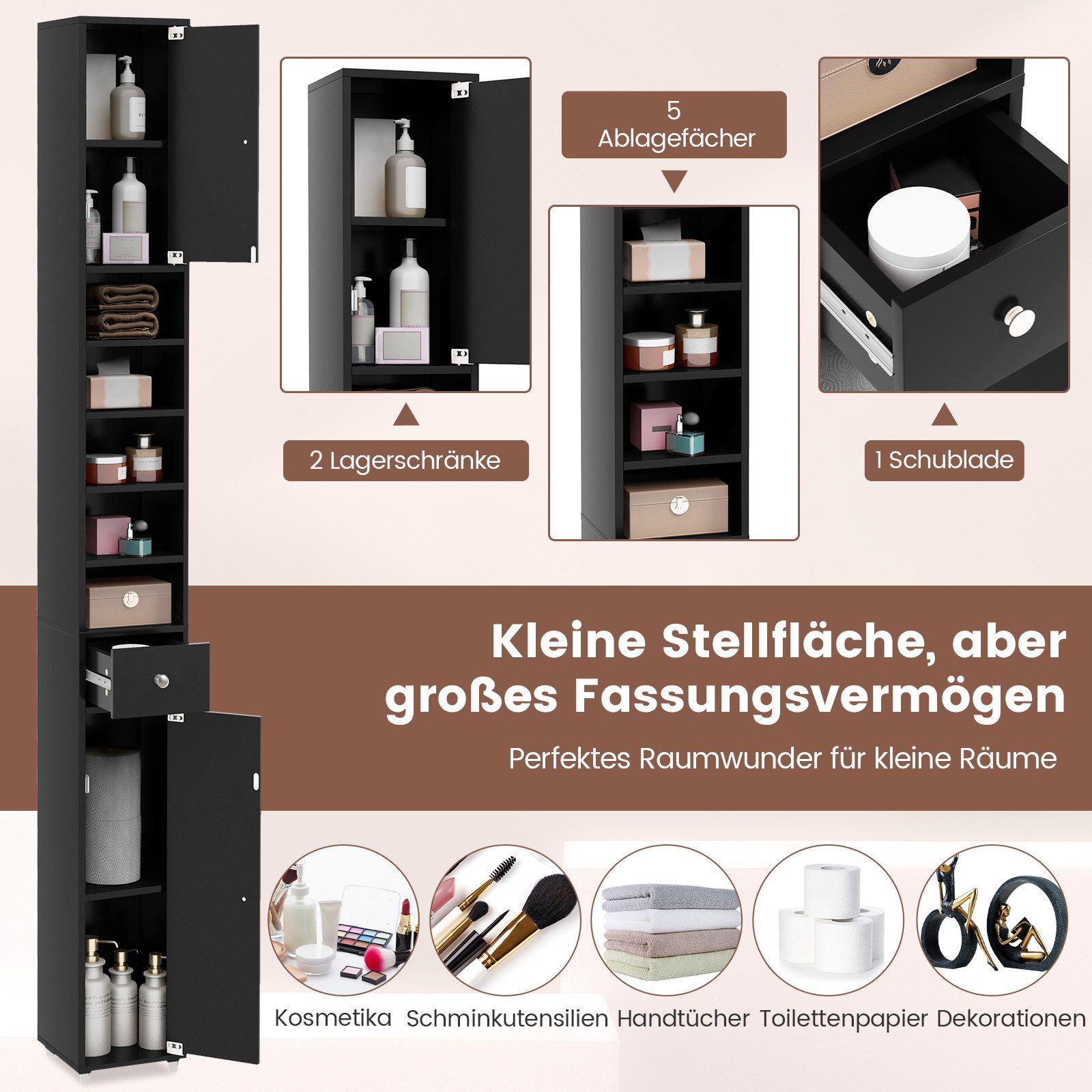 COSTWAY Hochschrank Badschrank schmal, mit Schublade, Türen & 9 Fächern, 180cm weiß