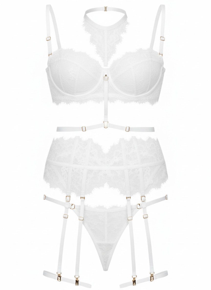 Elegant Love Set: Bügel-BH Spitzen-Lingerie-Set für Damen – Dessous mit Strapsen (Set, 5-tlg., Halsband + BH + Tanga + Taillenband + Beinriemen) Stilvolle Damenunterwäsche – Reizwäsche für besondere Momente