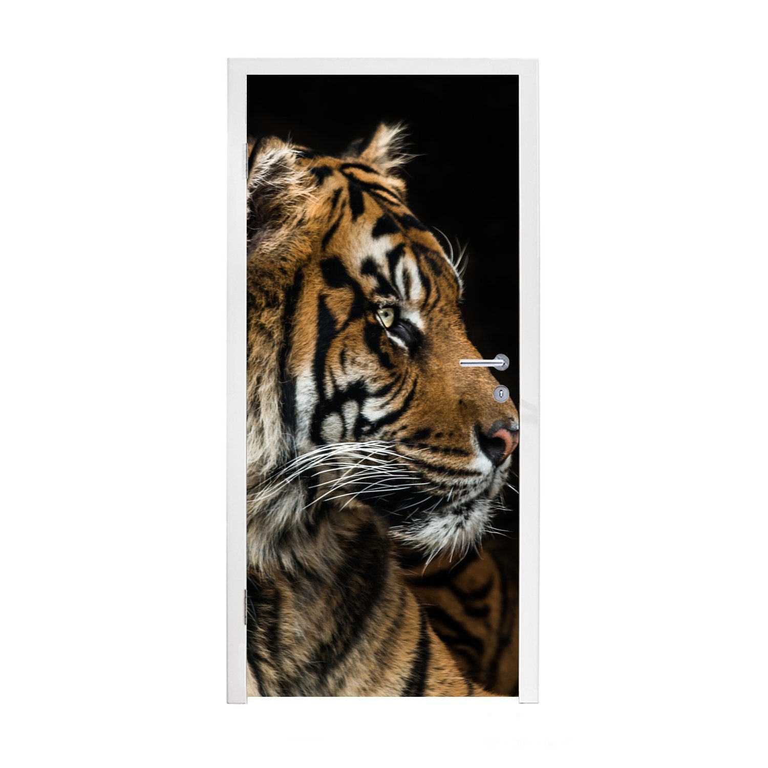 MuchoWow Türtapete Tiger - Tierkopf - Schwarz, Matt, bedruckt, (1 St), Fototapete für Tür, Türaufkleber, 75x205 cm