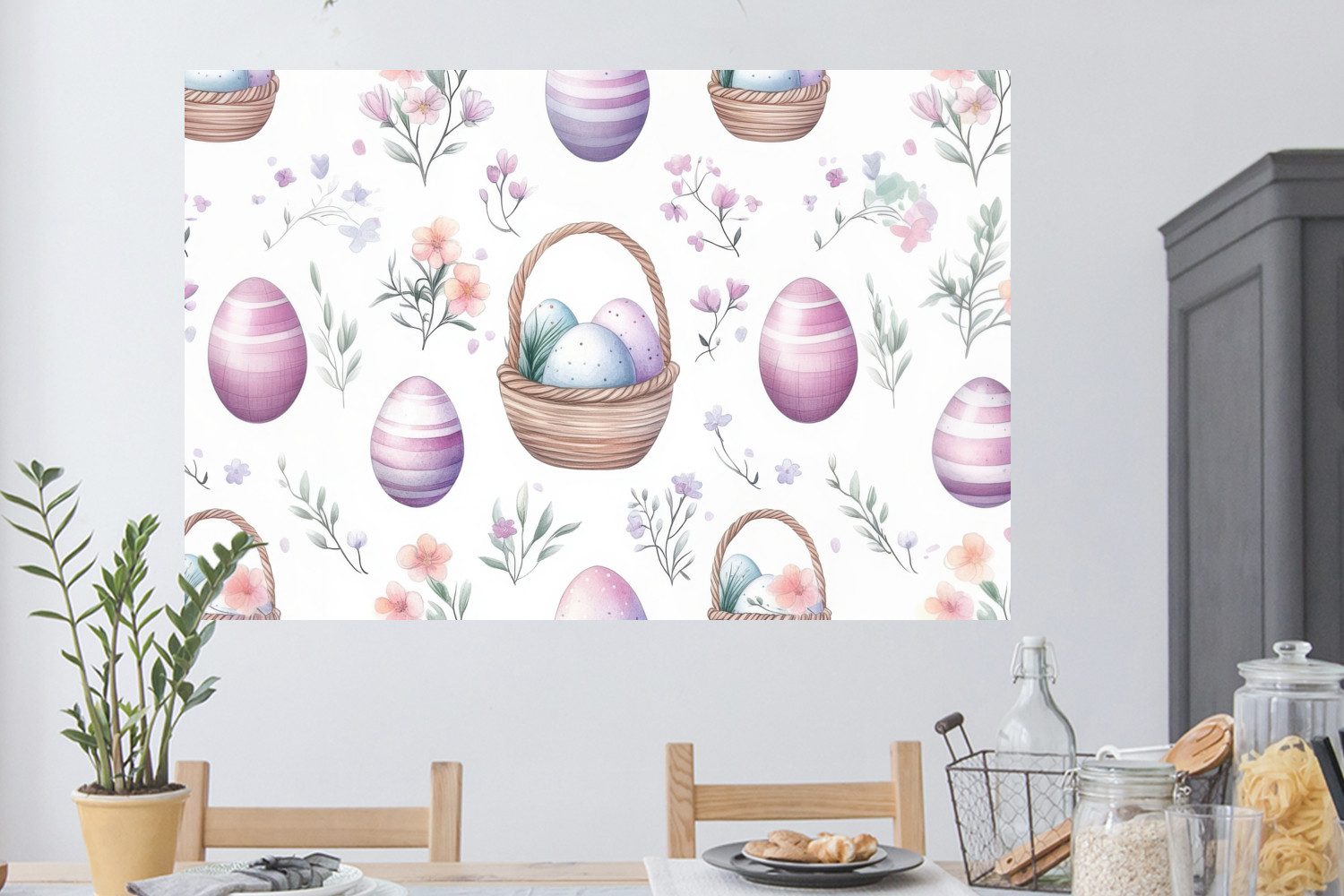 MuchoWow Wandsticker Blumen - Ostereier - Muster (1 St), Wanddeko, Aufkleber, Wandtattoo, 120x80 cm