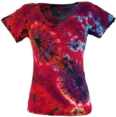 Guru-Shop T-Shirt Batik Hippie T-Shirt mit V-Auschnitt - pink Festival, Ethno Style, Hippie, alternative Bekleidung