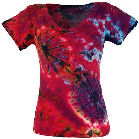 Guru-Shop T-Shirt Batik Hippie T-Shirt mit V-Auschnitt - pink Festival, Ethno Style, Hippie, alternative Bekleidung