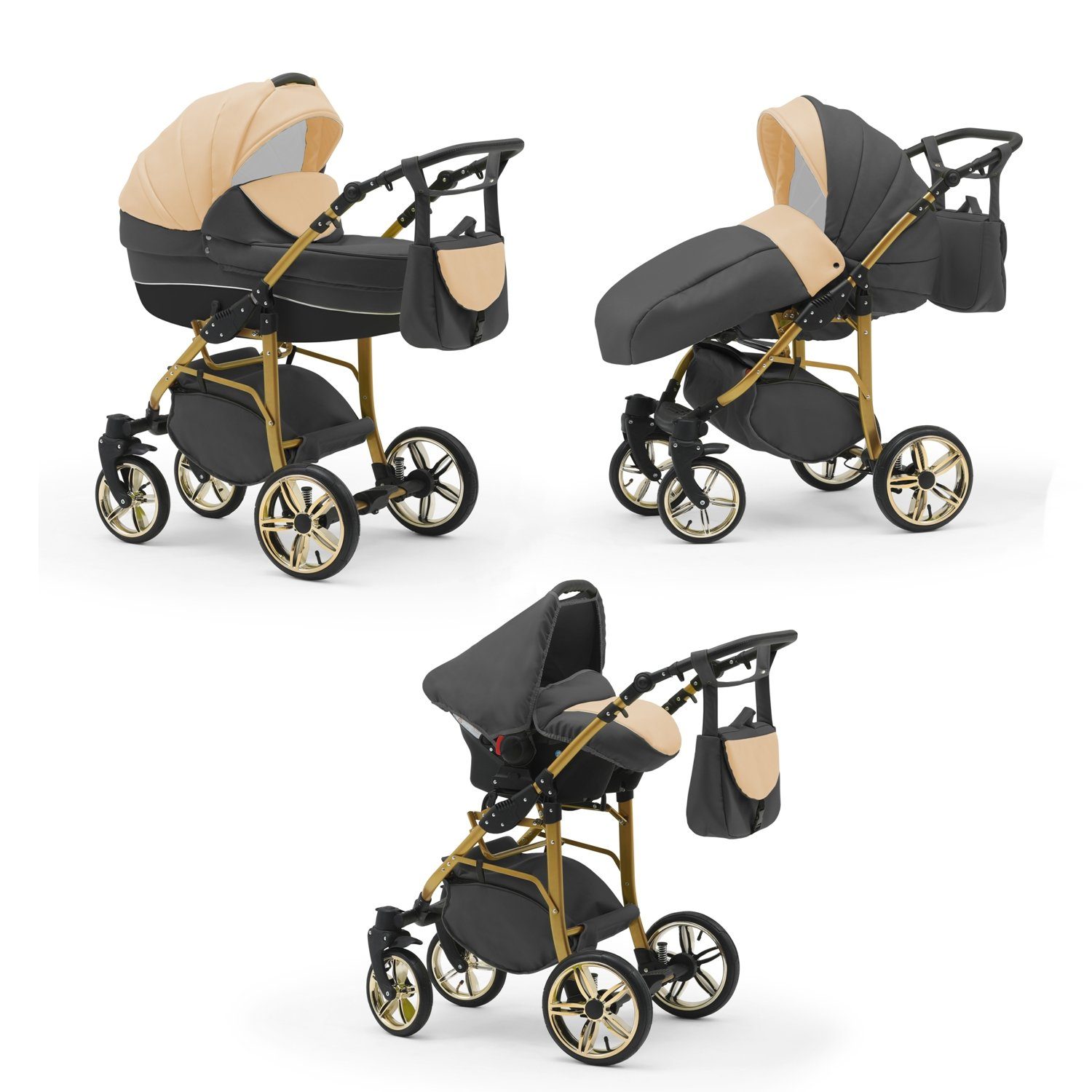 babies-on-wheels Kombi-Kinderwagen 3 in 1 Kinderwagen-Set Cosmo ECO Gold - 16 Teile - in 46 Farben Beige-Hellgrau-Schwarz