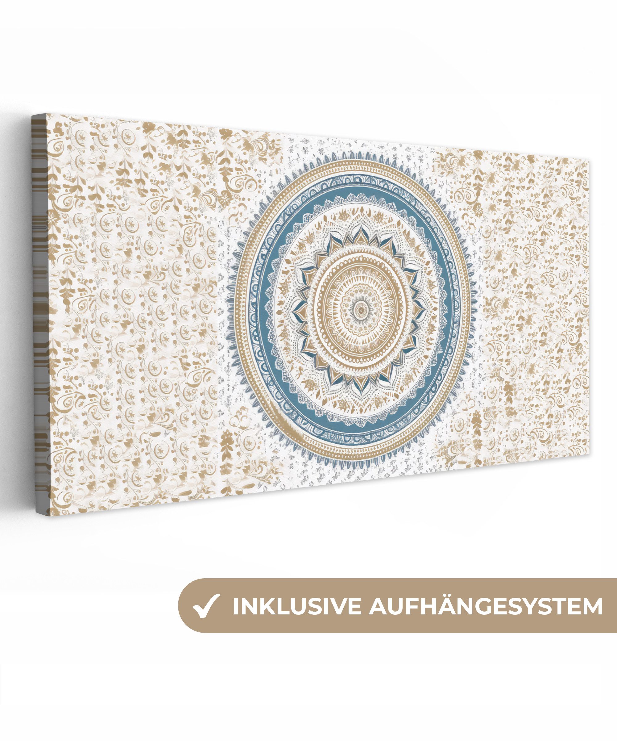 OneMillionCanvasses® Leinwandbild Panorama Mandala - Blau - Bohème - Weiß - günstig online kaufen