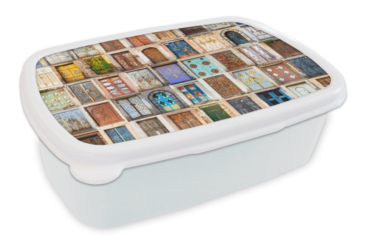 Brotbox und Architektur Kinder - Brotdose, und für - Kunststoff, - (2-tlg), Erwachsene, für Jungs Collage, Vintage Mädchen MuchoWow Türen Lunchbox weiß
