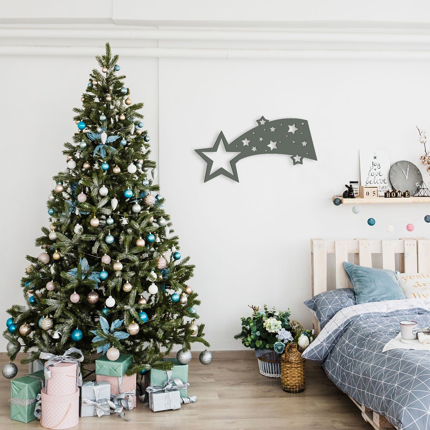 Namofactur LED Dekolicht Sternschnuppe - Dekoobjekt aus Holz mit Sternen Motiv - Wand Lampe, Ohne Zugschalter/Stern, LED fest integriert, Warmweiß, Wanddekoobjekt Wohnzimmer Leuchte batteriebetrieben