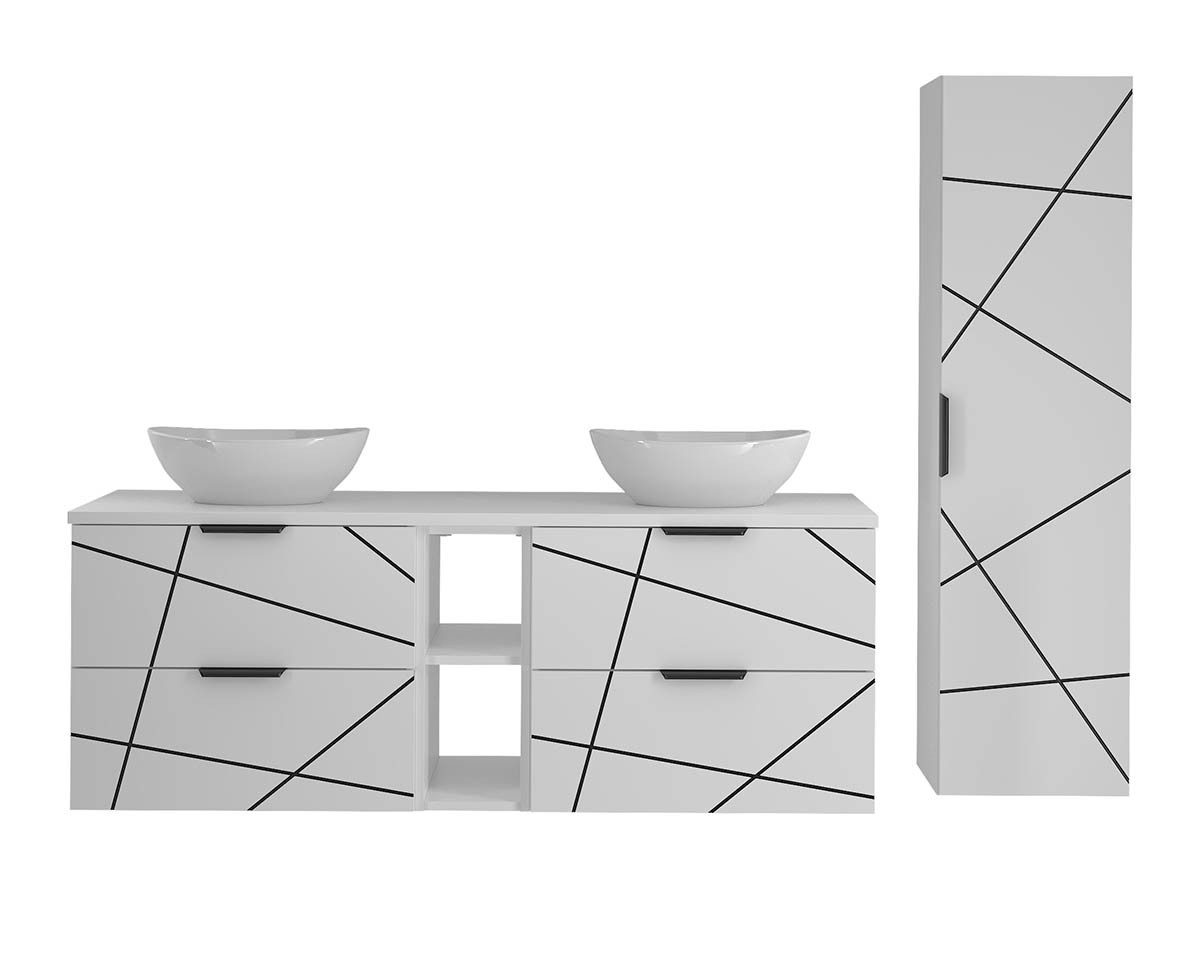einfachgutemoebel Waschtisch-Set Badset 2-tlg. Doppelwaschtisch 140cm STRIATA, Weiß Aufsatzbecken, (Badmöbel Set, 1-St., Waschtisch Unterschrank)