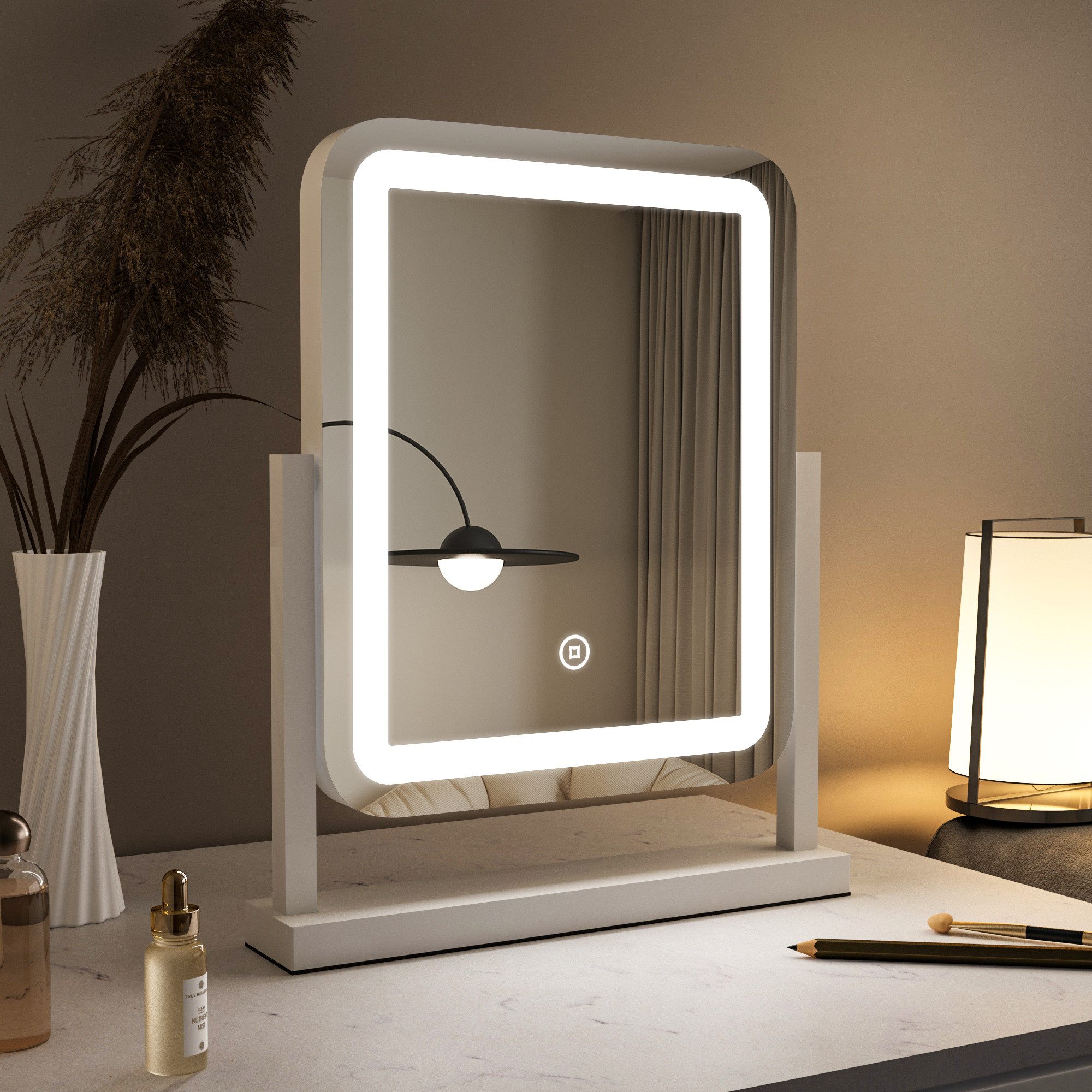 WDWRITTI Schminkspiegel mit Beleuchtung für tisch Kosmetikspiegel 3Lichtfarben Dimmbar Touch (Tischspiegel Rund Rundbogen Rechteckig, mit Touch, LED), HD Kupfer- und bleifreier Spiegel, Stabile Standfuß