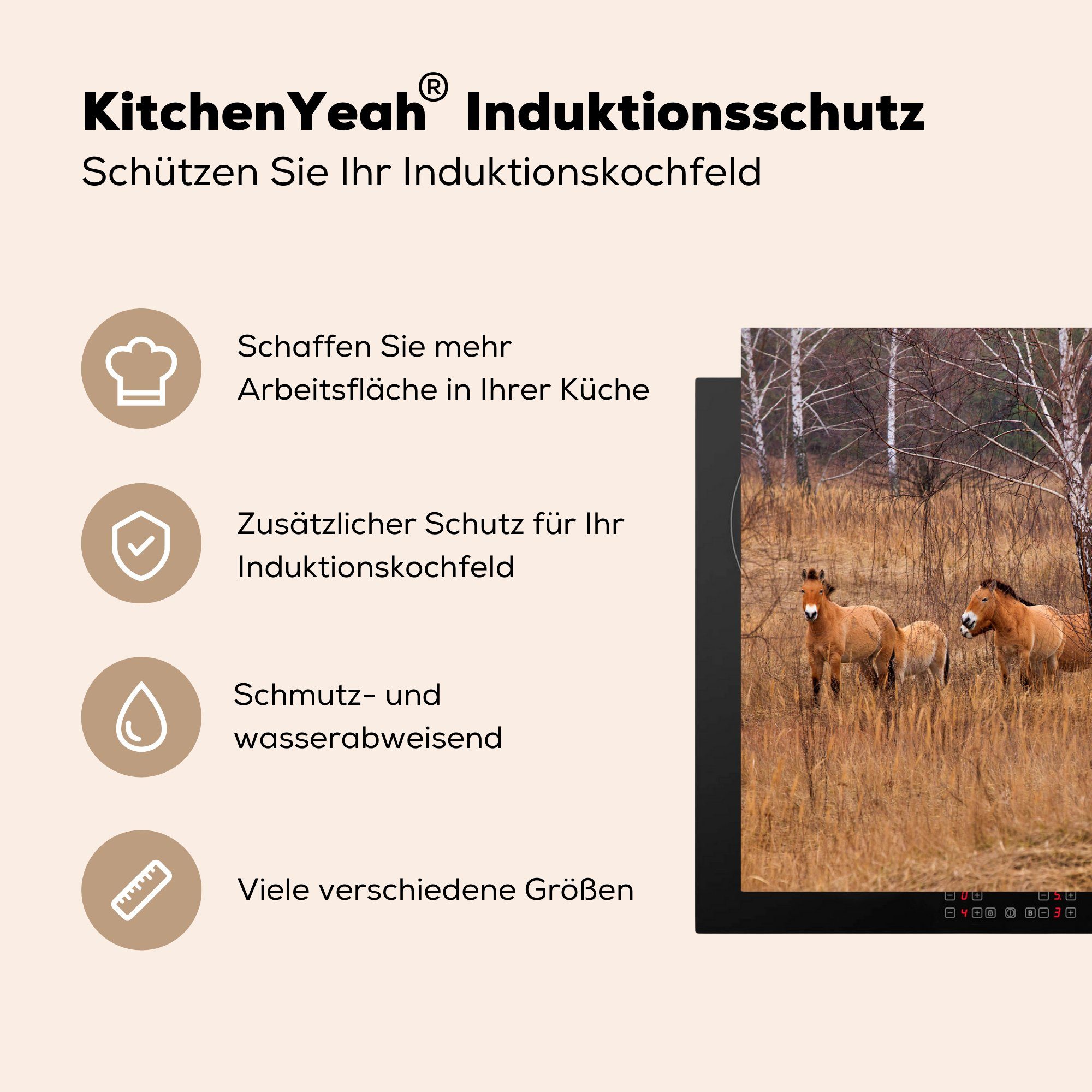 cm, Herdblende-/Abdeckplatte Ceranfeldabdeckung - - Gras Schutz 81x52 Induktionskochfeld Warnschild, Pferde für die (1 küche, MuchoWow Vinyl, tlg),