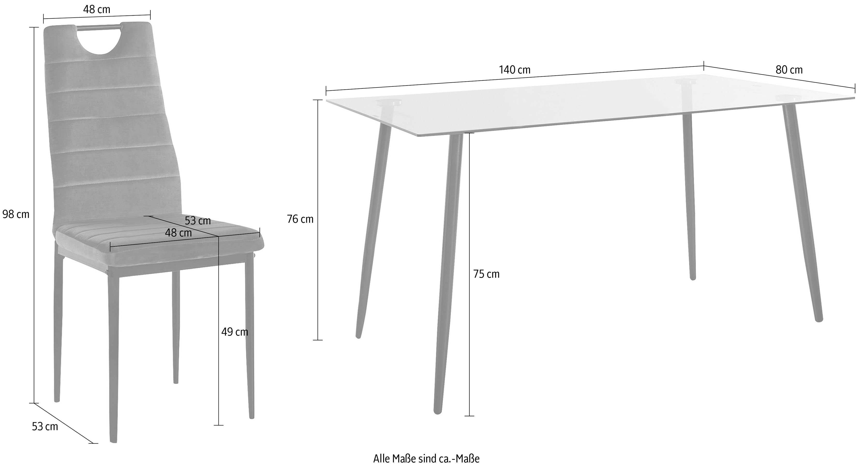 INOSIGN Essgruppe, Samtstoff 140 4 Glastisch, cm aus (Set, und Bezug grau Esszimmerstühlen, Breite 5-tlg)