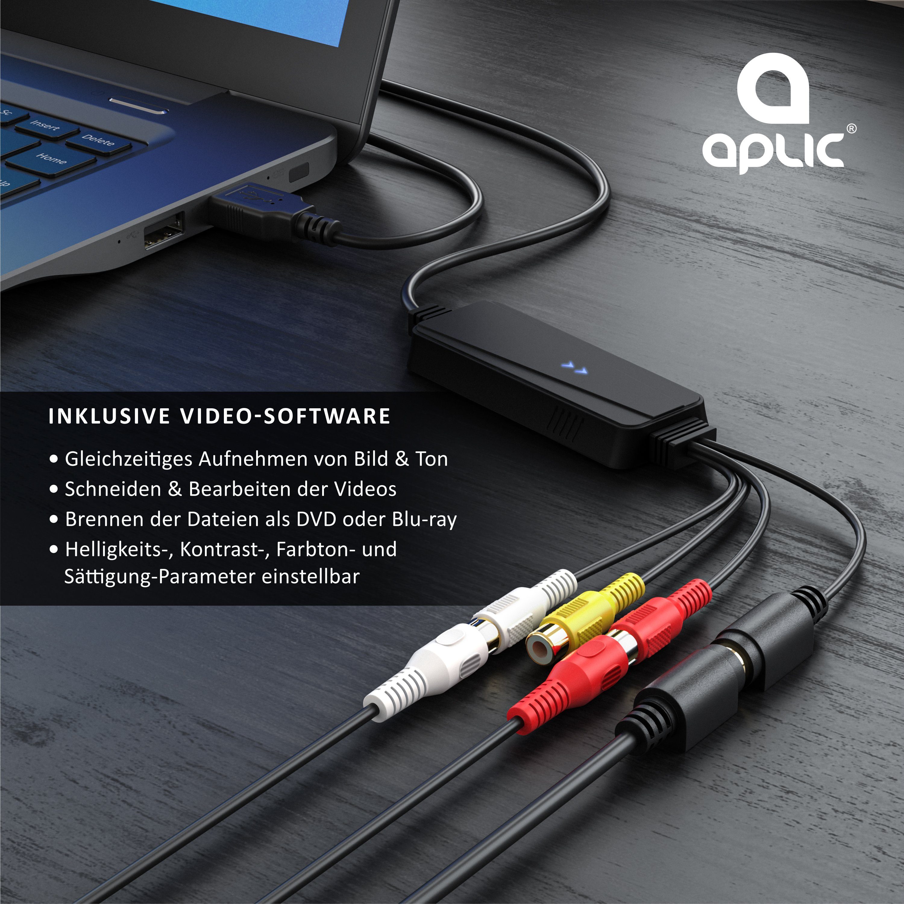 Aplic Video Grabber Audio- & Video-Adapter USB Typ A, S-Video, Composite CVBS, Cinch zu USB 2.0 Typ A Stecker, S-Video Buchse (Mini-DIN 4), Composite CVBS Buchse, Cinch Buchse, USB Videograbber Audio Video Konverter, PAL NTSC Videos digitalisieren