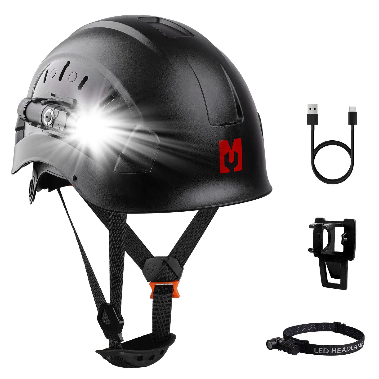 Mustbau Schutzhelm Schutzhelm mit Stirnlampe, 53-63 cm, verstellbar, Industrie EN397