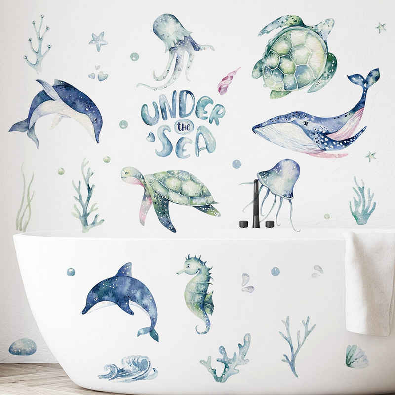 AUKUU Wandtattoo 30x60cm Wandaufkleber für Unterwasserlebewesen Delfin, Schildkröte Oktopus Badezimmer Glasfliesen