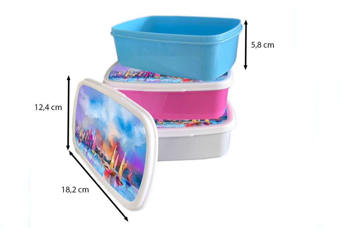 MuchoWow Lunchbox Malerei - Boote für und und Brotbox (2-tlg), Wasser, Jungs Mädchen weiß Erwachsene, Kunststoff, für - Brotdose, Kinder