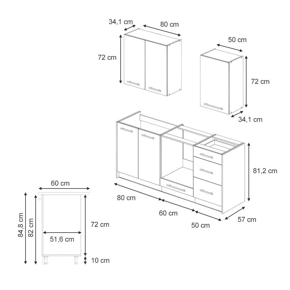 Vicco Küchenzeile Fame-Line, Weiß Hochglanz/Anthrazit, 190 cm, AP Anthrazit