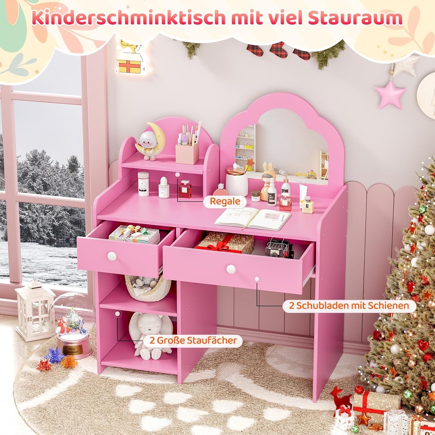 TLGREEN Schminktisch, Kinder Schminktisch mit Spiegel und Stuhl (Mädchen Schreibtisch & Maltisch mit 2 Schubladen, Prinzessin Frisiertisch aus Holz), 73.5x40x90.5cm, Sicher & Stabil