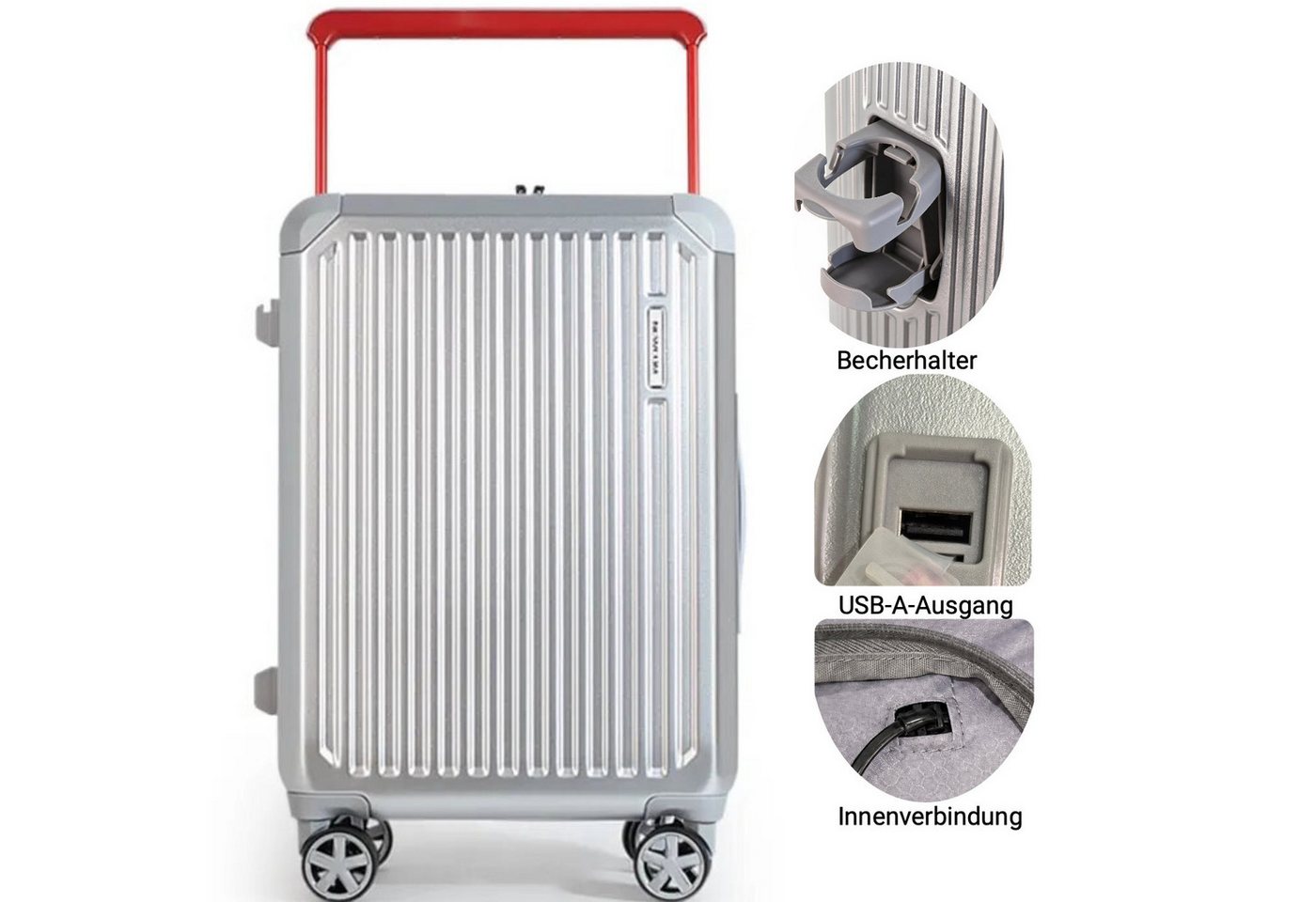 Super Solu Hartschalen-Trolley Handgepäck 55x38x24cm Koffer mit Breitgriff leicht & robust Premium, 4 Rollen, ABS+PC Reisekoffer mit TSA-Schloss & Becherhalter, Silber