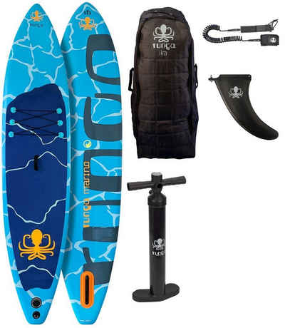 Runga-Boards Inflatable SUP-Board MARINO AIR 11.4 Stand Up Paddling SUP iSUP, All-Around-Fitness-Board, (Set 2, Trolley-Rucksack, Center-Finne, Coiled-Leash, Doppelhub-Pumpe)