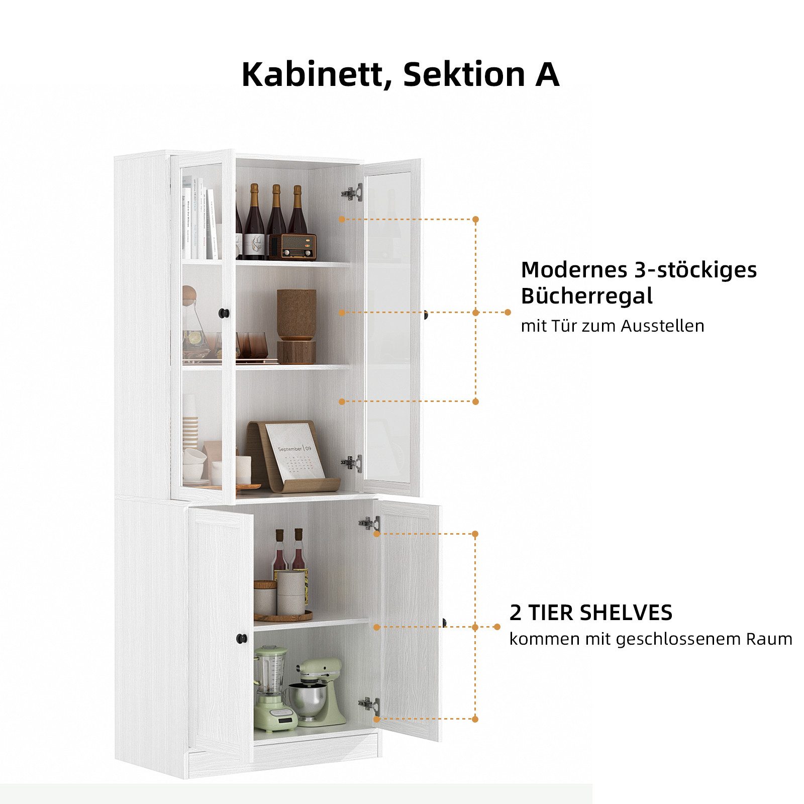 VOWNER Bücherregal 5-stöckiges Bücherregal mit Glastüren, 180 cm Vitrinenschrank, 2-tlg., multifunktionaler Küchenschrank Hochschrank & Buffetschrank – Bild 5 von 5