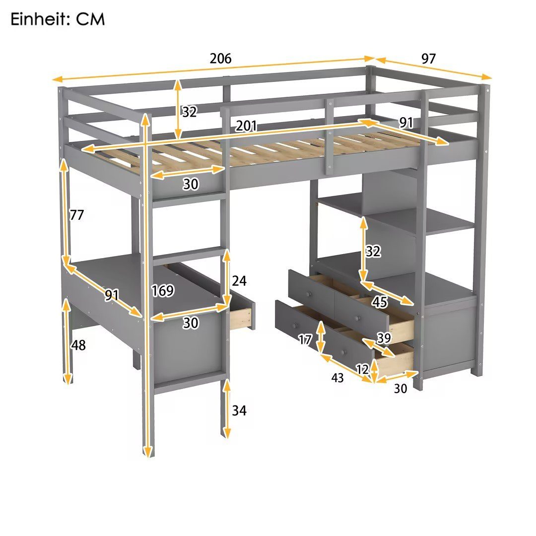 Stauraumschubladen, Matratze), mit Etagenbett Ohne Kinderhochbett, Einzelbett, Kinderbett REDOM (mit Bett, x200cm 90 grau Stauraumschubladen,