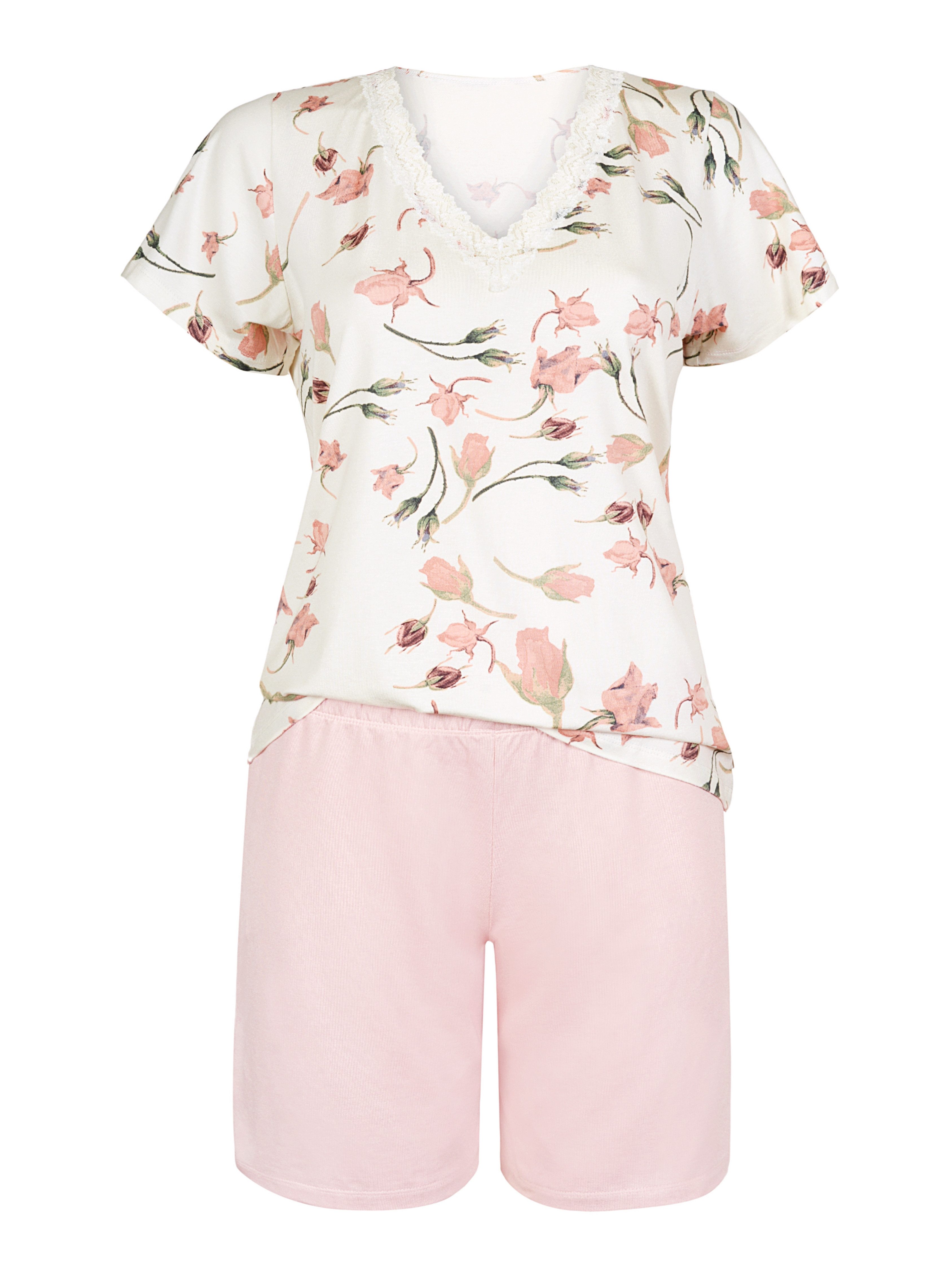 Donna Shorty Schlafanzug mit Rosen-Druck (2 tlg) in Powder-Rosa, luxuriöse- günstig online kaufen