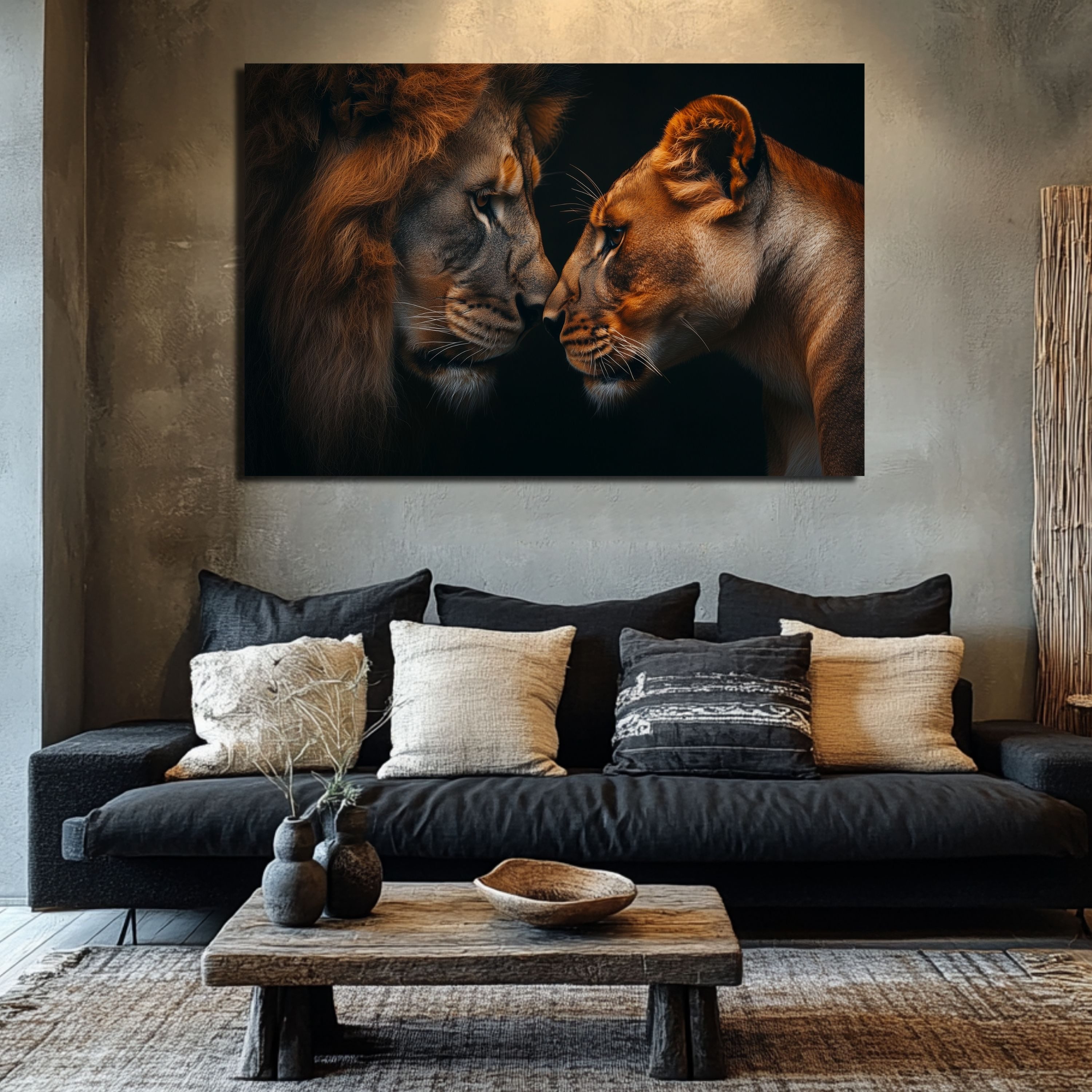 DARO Design Leinwandbild Modern Abstrakt Wandbilder XXL Wandbild Wand Deko Leinwand Bilder, (Löwenpaar Spiegelung - Bild groß Wohnzimmer Schlafzimmer Küche Esszimmer Einteilig Querformat Fotodruck Leinwände Wanddeko Abstrakte Kunst Boho), 30x20cm