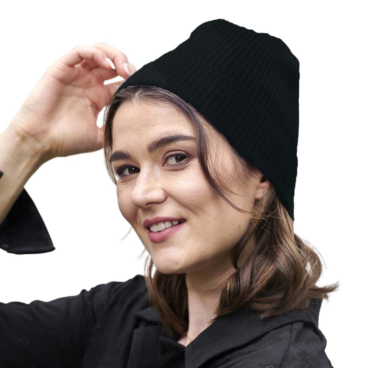 Schal Feinstrick, Wintermütze Mütze 100% 2-teilig) weich BEAZZ Merino (Spar-Set, und Damen & WOLLE Schal warm SET & schwarz