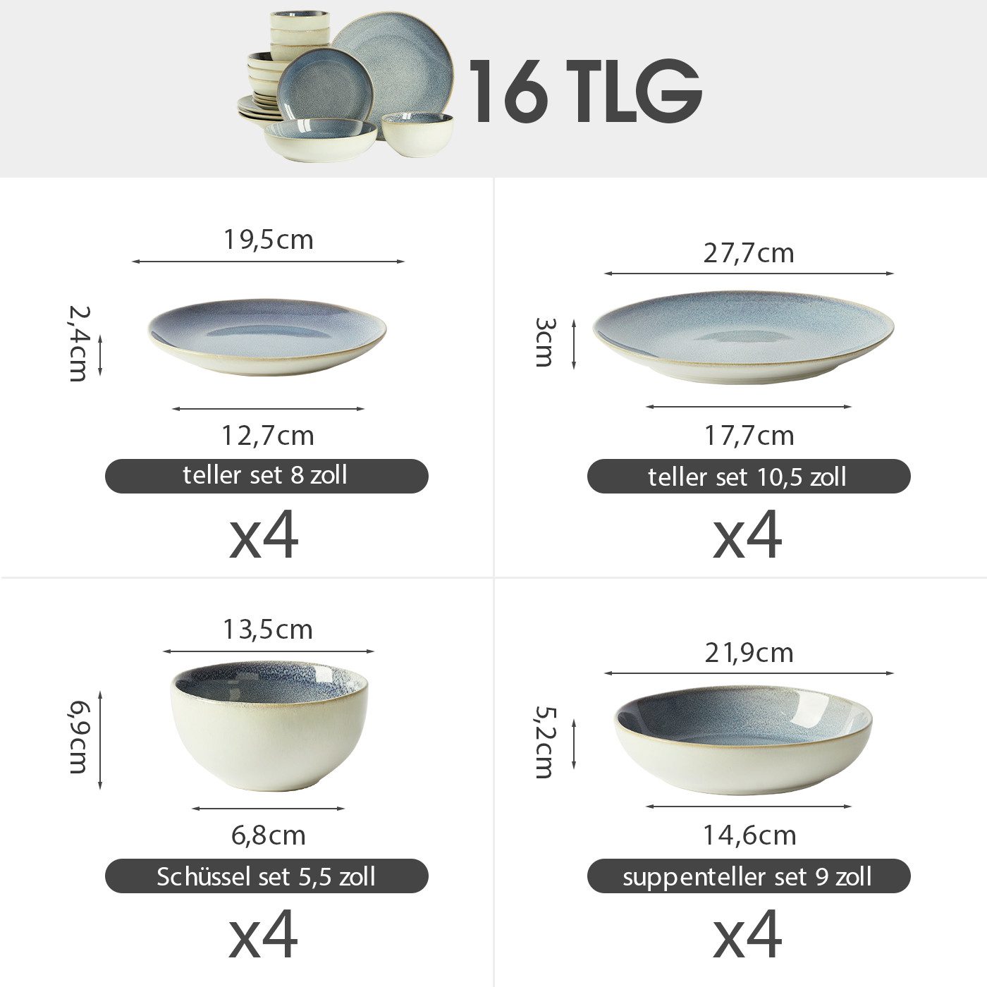 JIWOO Geschirr-Set 16er Kombiservice Teller-Set Tafelservice Schüssel-Set Speiseteller (16-tlg), 4 Personen, Keramik, Hochwertiges Geschirr set Blau Mikrowellen spülmaschinenfest