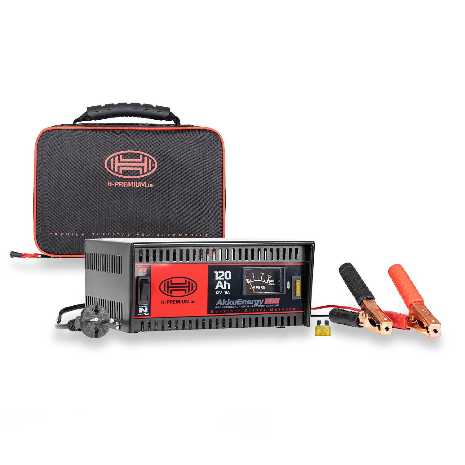 HEYNER Batterieladegerät 12V, 11A, Schnellladung, mit Tasche, 18–120 Ah Autobatterie-Ladegerät (1-tlg., 120 Ah / 12 Volt / 11 Ampere)