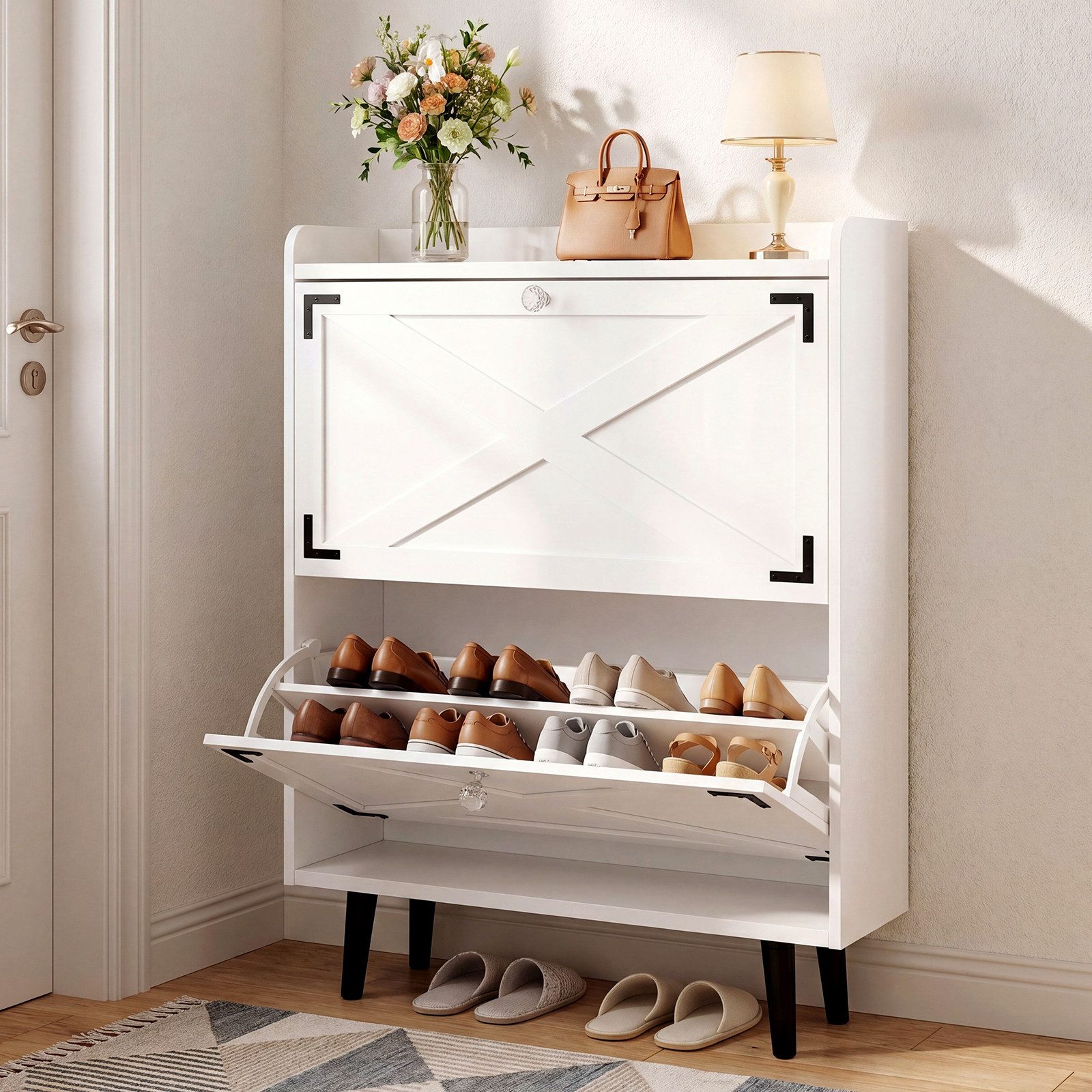 VOWNER Schuhschrank schmal mit 2 Klappen, einstellbar & entfernbar, mit Holzbeinen, für Eingang/Halle, weiß, 80 x 24 x 102 cm
