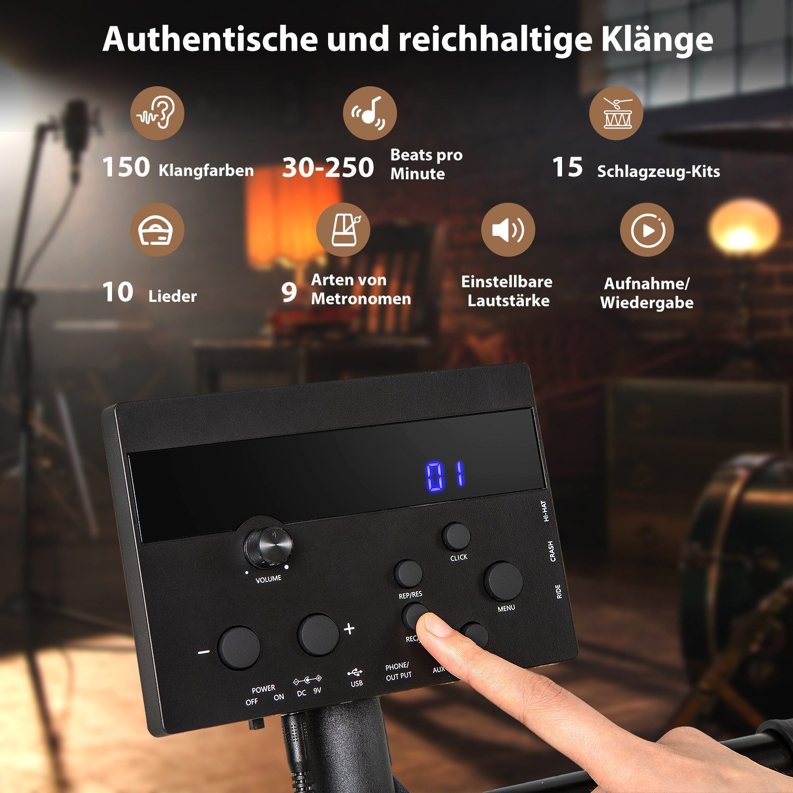 COSTWAY E-Drum, 1-St., 7 tlg. E-Schlagzeug, mit 150 Sounds & 10 Demos & USB MIDI