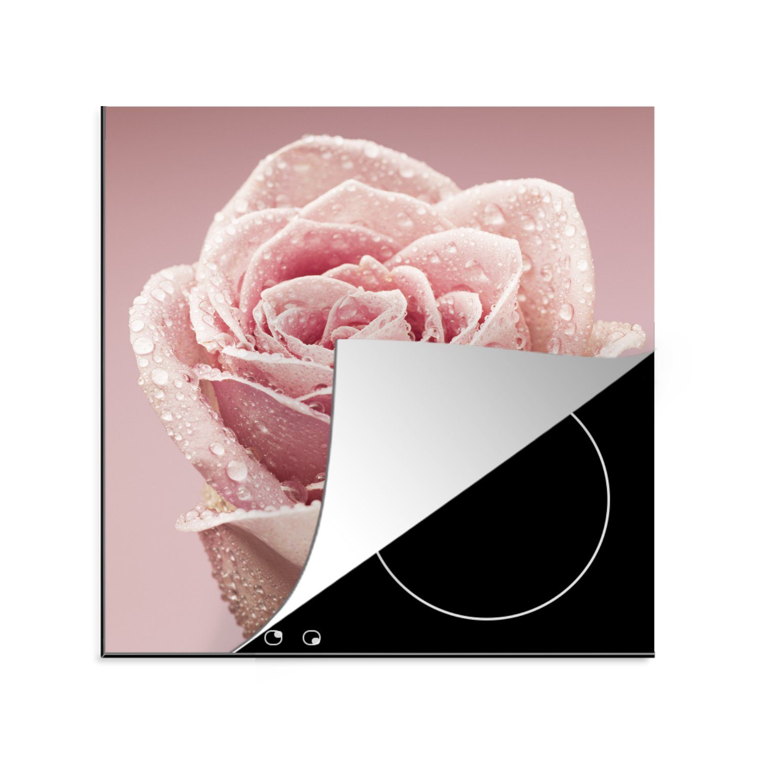 MuchoWow Herdblende-/Abdeckplatte Tautropfen auf einer einzelnen rosa Rose, Vinyl, (1 tlg), 78x78 cm, Ceranfeldabdeckung, Arbeitsplatte für küche