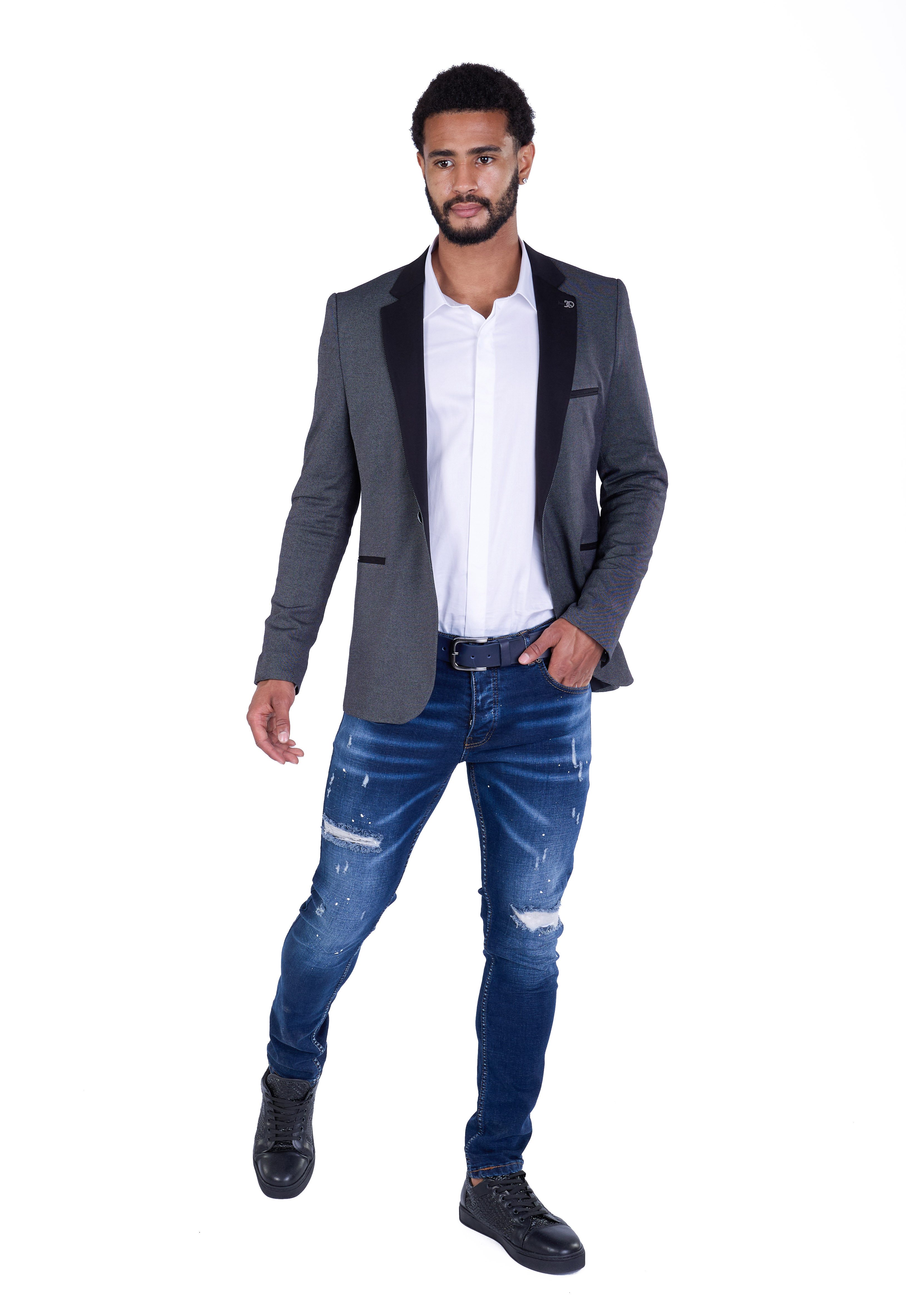 Denim Distriqt Jerseysakko Herren Slim Fit Sakko in Jeansoptik Grau Gr. 48 entspricht Gr. S