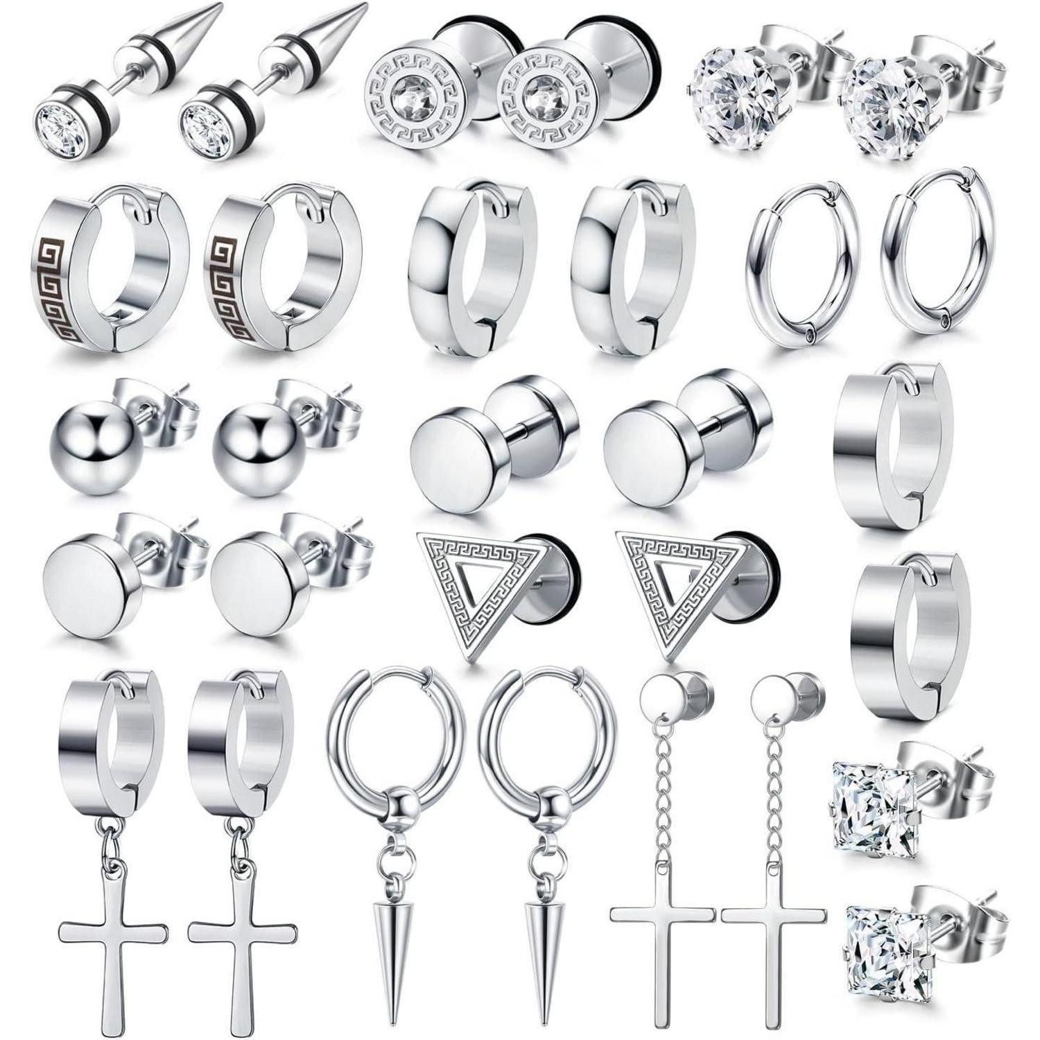 LuxusKollektion Ohrring-Set 15 Paar Ohrringe Herren Edelstahl Zirkonia Schwarz Silber