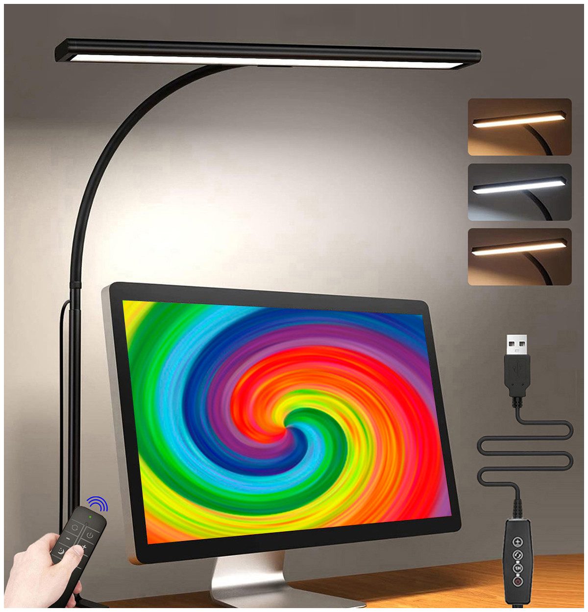 Rosnek LED Schreibtischlampe LED Leselampe Dimmbar 3 Lichtfarbe Klemmleuchte Timer Speicherfunktion, Verstellbar Lampenarm USB 40cm für Büro Arbeitszimmer