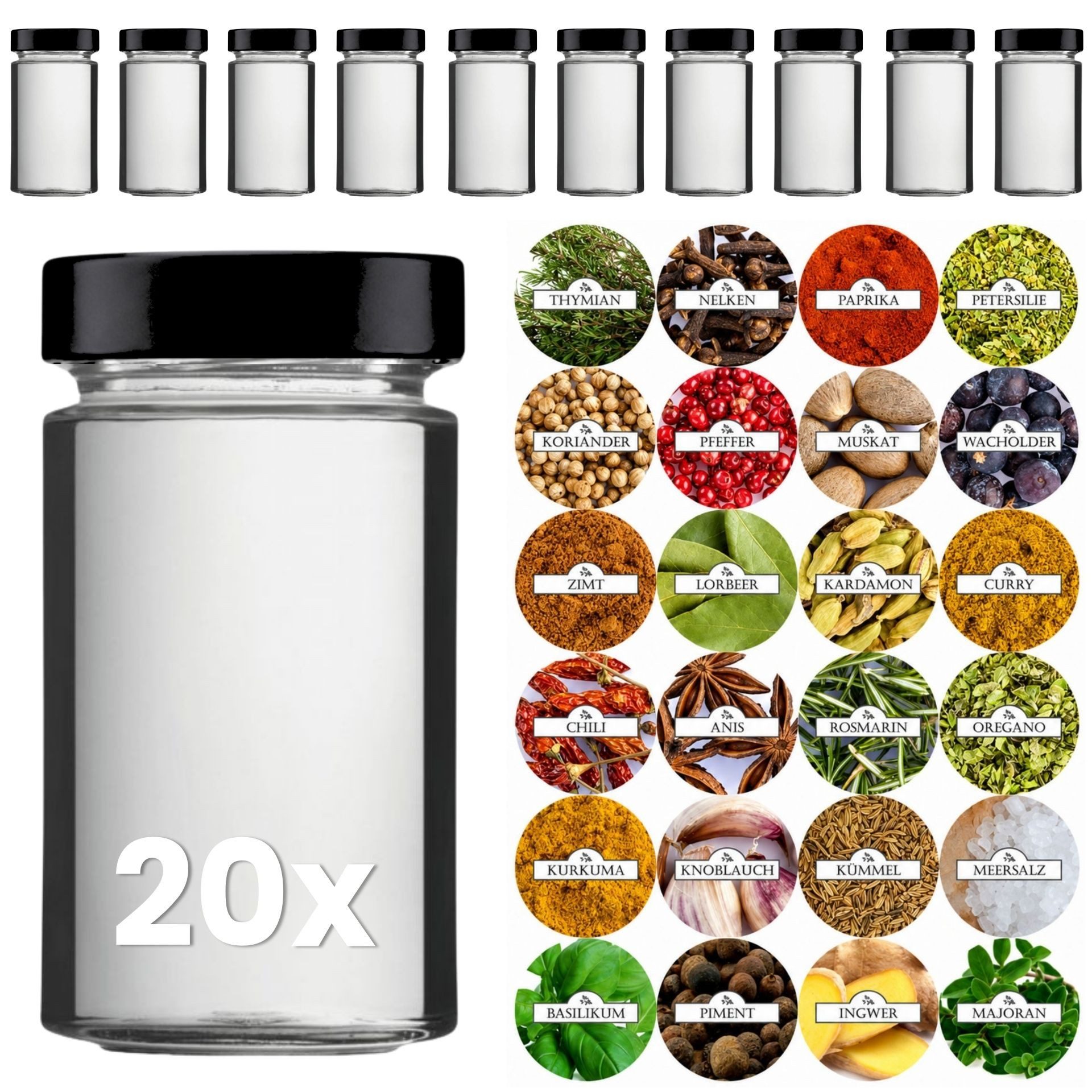 mikken Vorratsglas 20 Gewürzgläser 245 ml leeres Einmachglas Schraubglas, (20er Set), mit Gewürzetiketten, verschiedene Farben