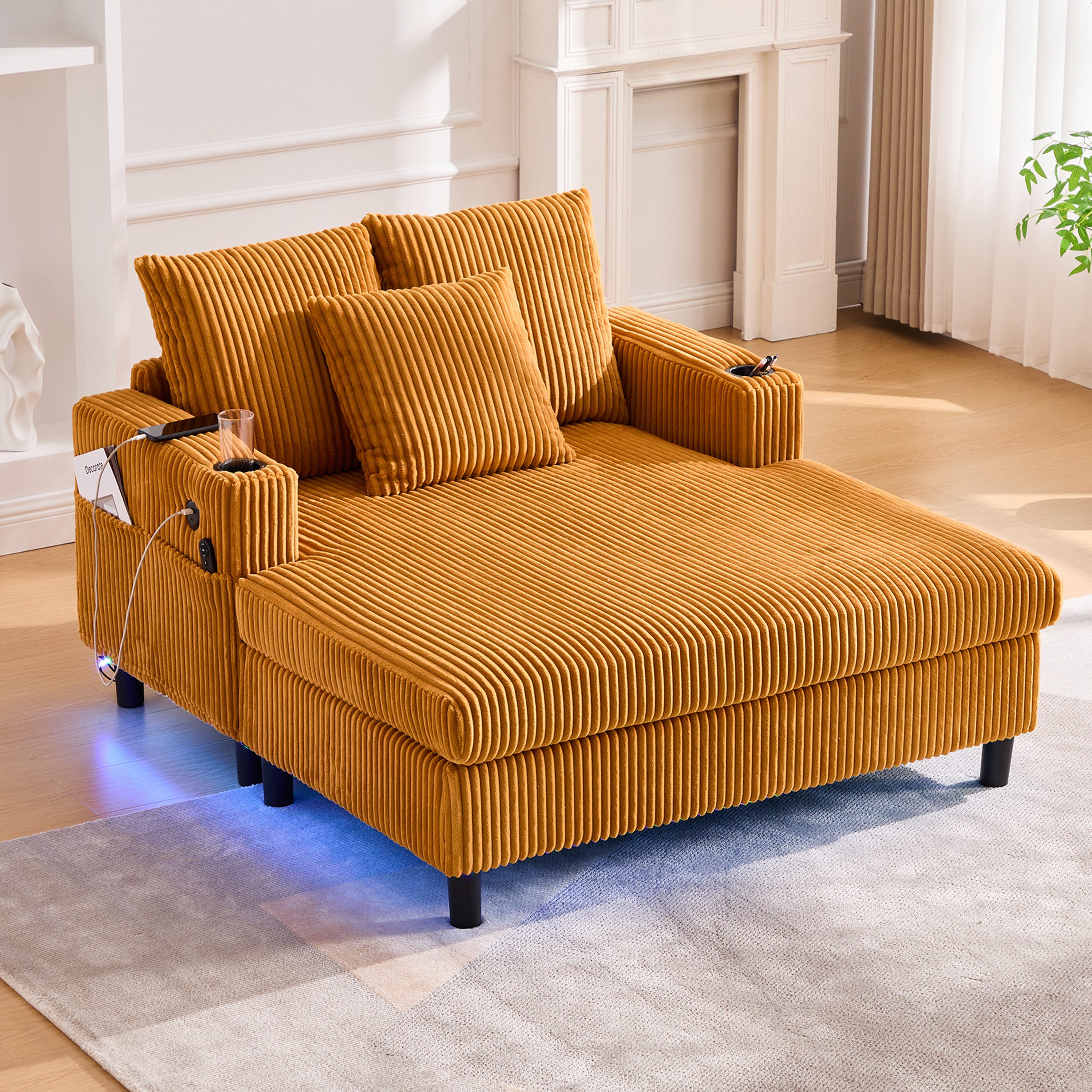 MODFU Loungesofa mit USB-Anschluss & Getränkehalter, ergonomisch, Übergroßer LED-Chaiselongue-Sessel,Polsterstuhl