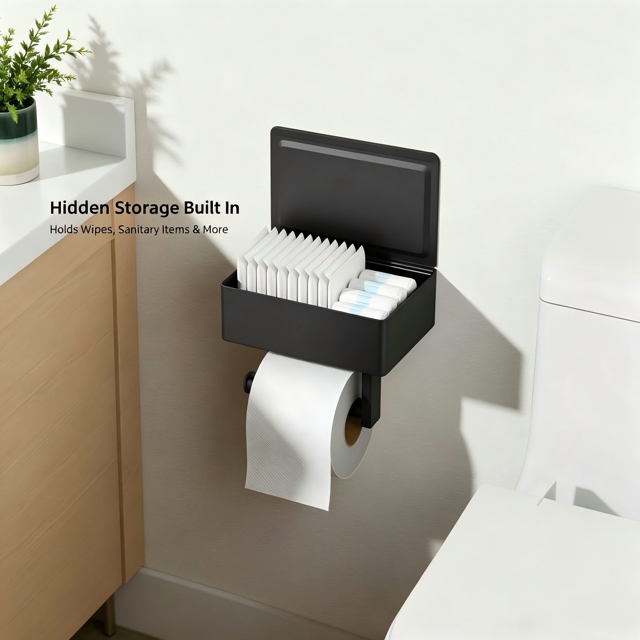 ibettertec Toilettenpapierhalter Klopapierhalter edelstahl Feuchttücherbox, selbstklebend oder Bohren (WC Papier Halterung mit 21 cm Ablage,Storage rack,tissue  – Bild 2 von 5