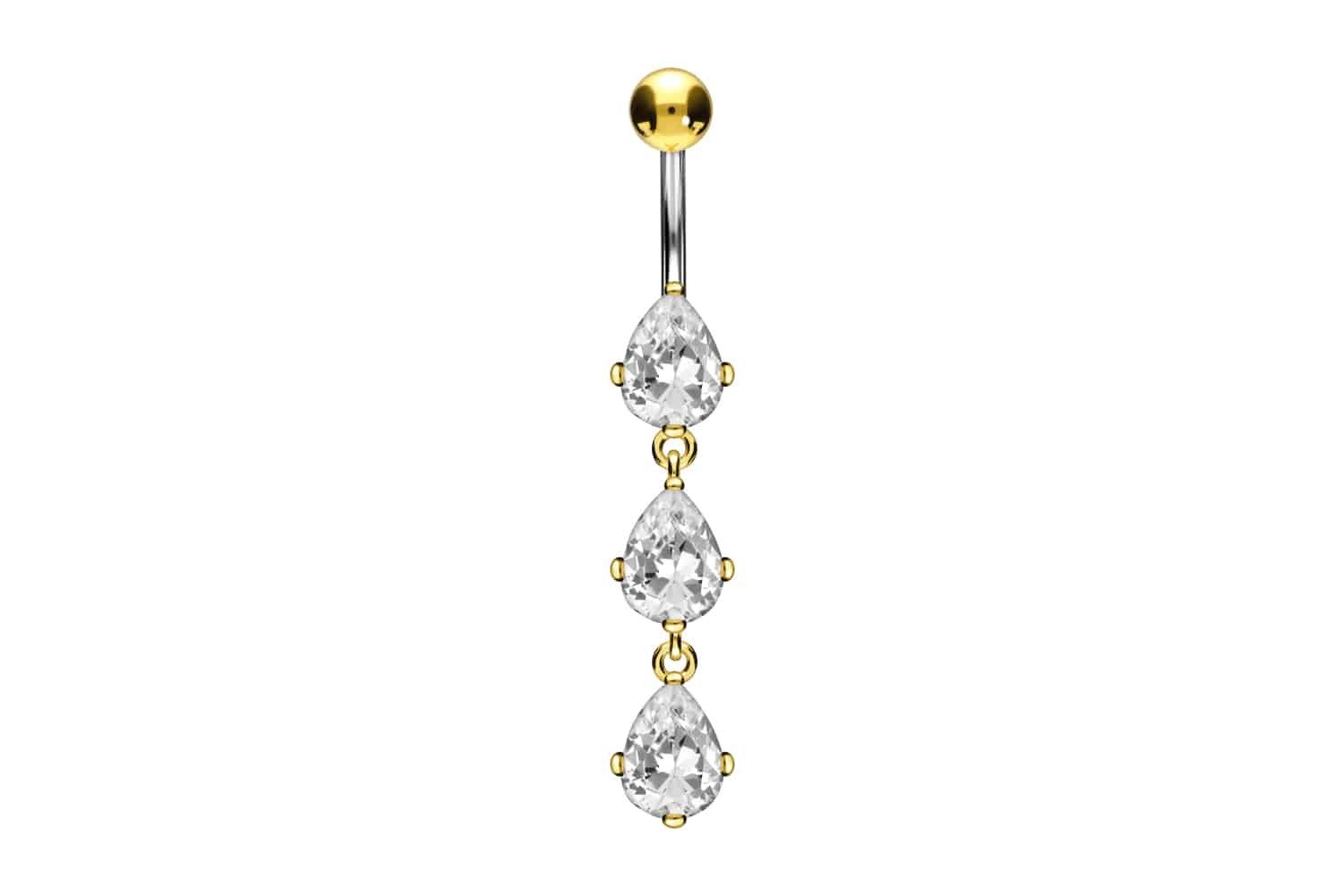 Bauchnabelpiercing Titan Bananabell mit 925er Silber-Design 3 KRISTALLTROPFEN