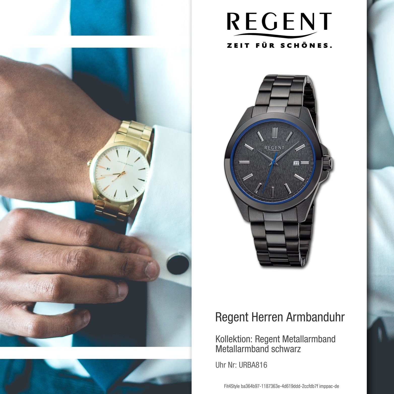 Regent Quarzuhr Regent Herren Armbanduhr Gehäuse, rundes (ca. Herrenuhr groß schwarz, extra 41mm) Analog, Metallarmband
