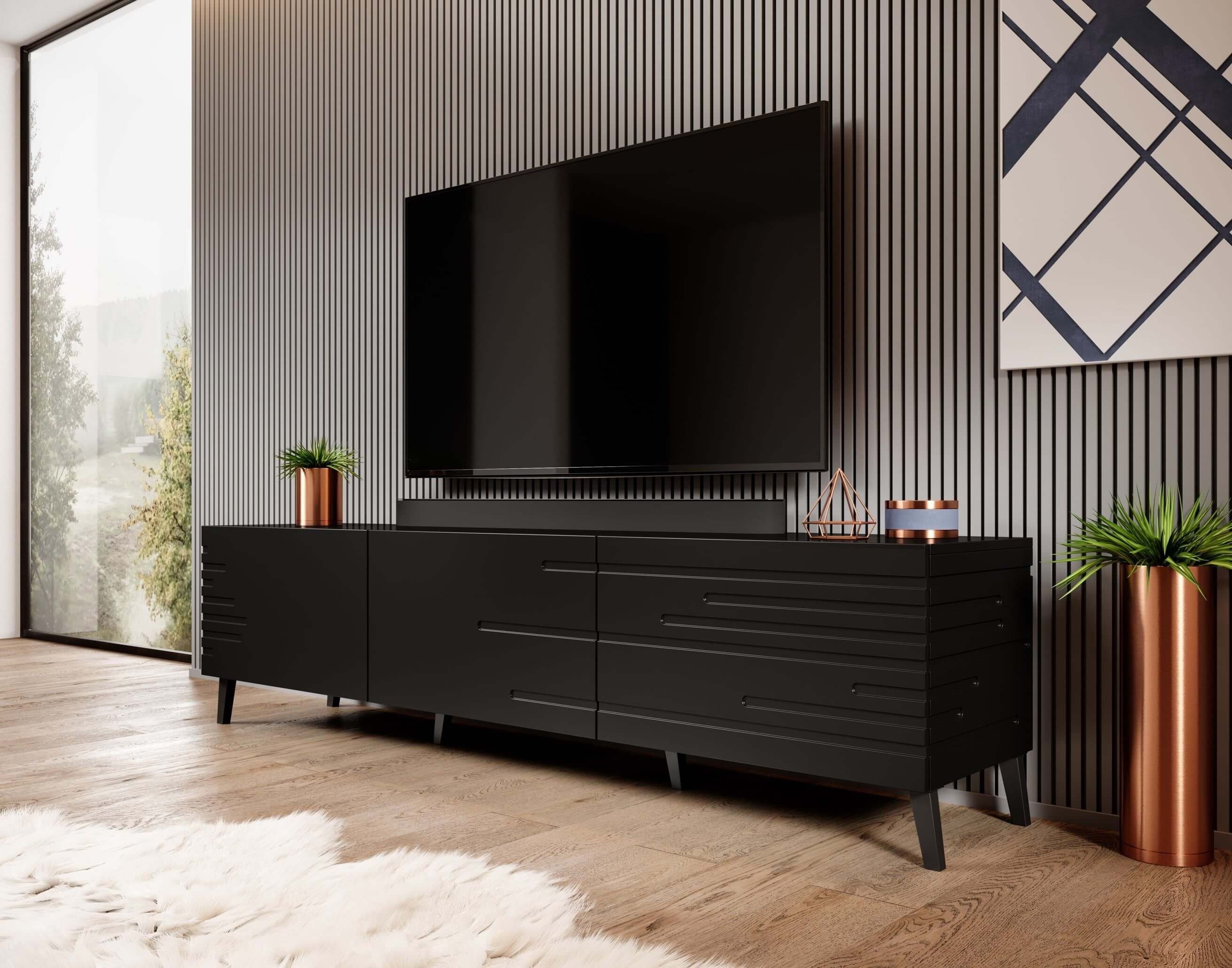 Furnix TV-Schrank NEVILLA Fernsehschrank mit dekorativen gefrästen Fronten Maße: B186 x H48 x T40 cm Schwarz