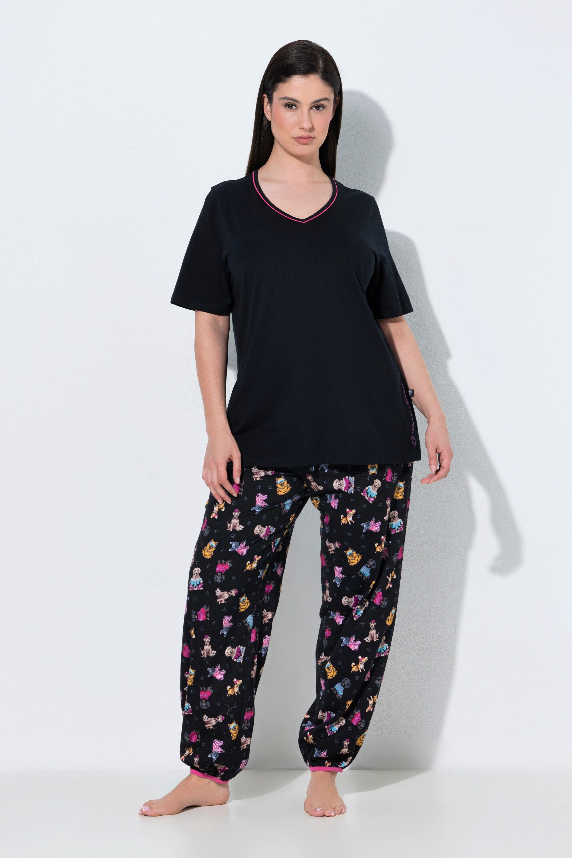 Ulla Popken Pyjama Pyjama Stickerei V-Ausschnitt Halbarm