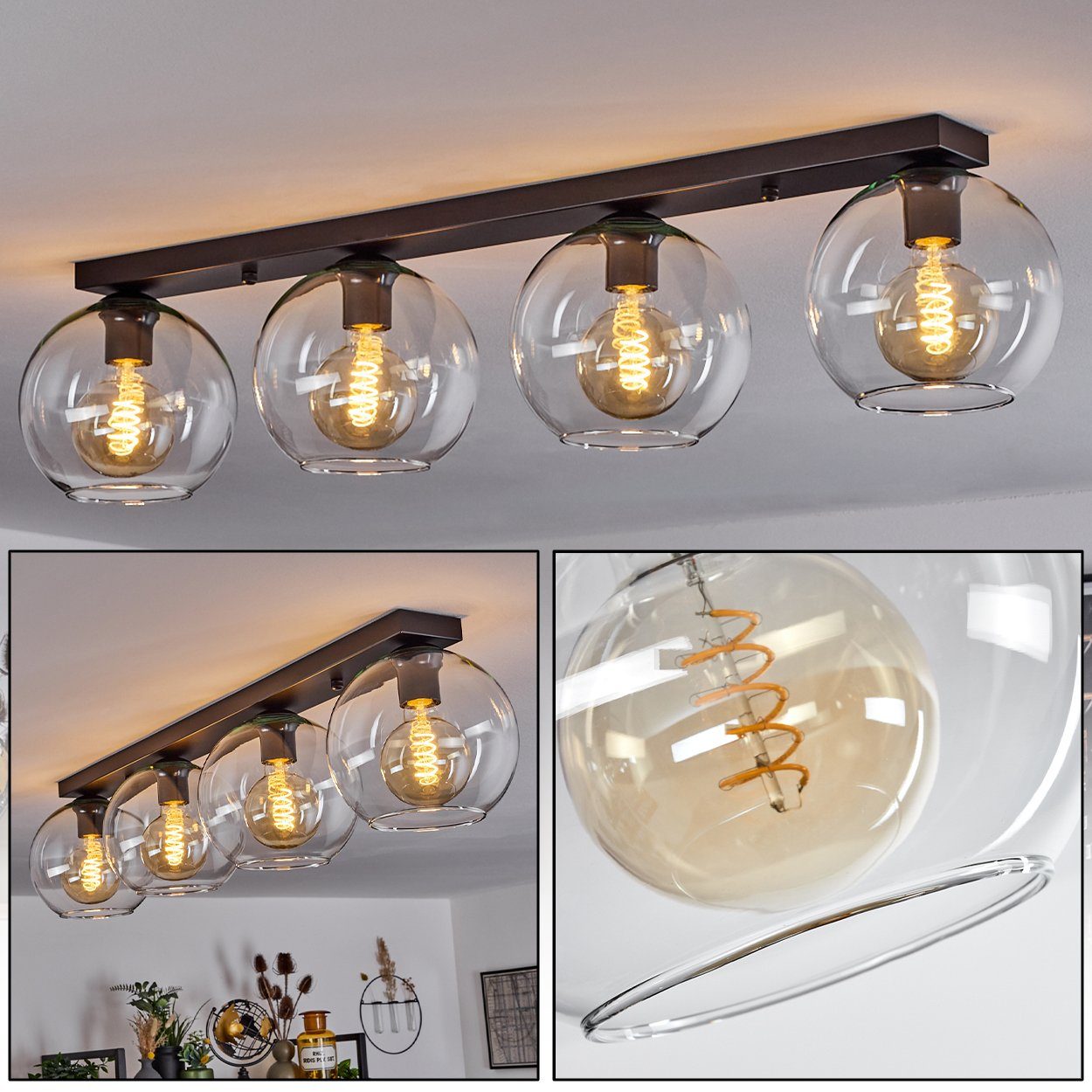 Schwarz/Klar, Leuchtmittel, in Deckenlampe Retro/Vintage-Design (20cm), Leuchte aus hofstein moderne ohne Schirmen Glas Metall/Glas »Cesaro« im mit 4xE27 aus Deckenleuchte