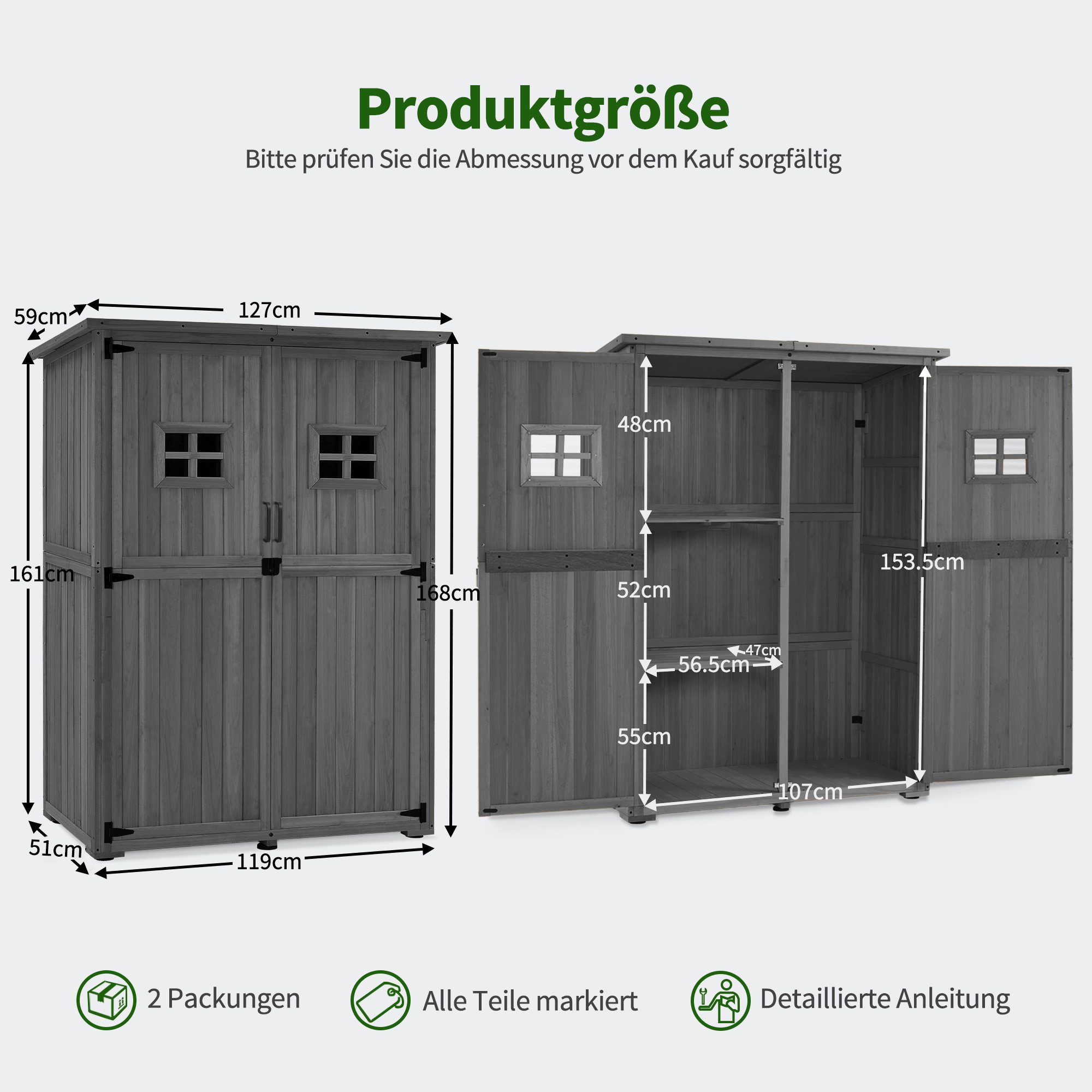 MCombo Gerätehaus M MCombo Gartenhaus Holz Wetterfest, 59×127×168 cm, 0912-F